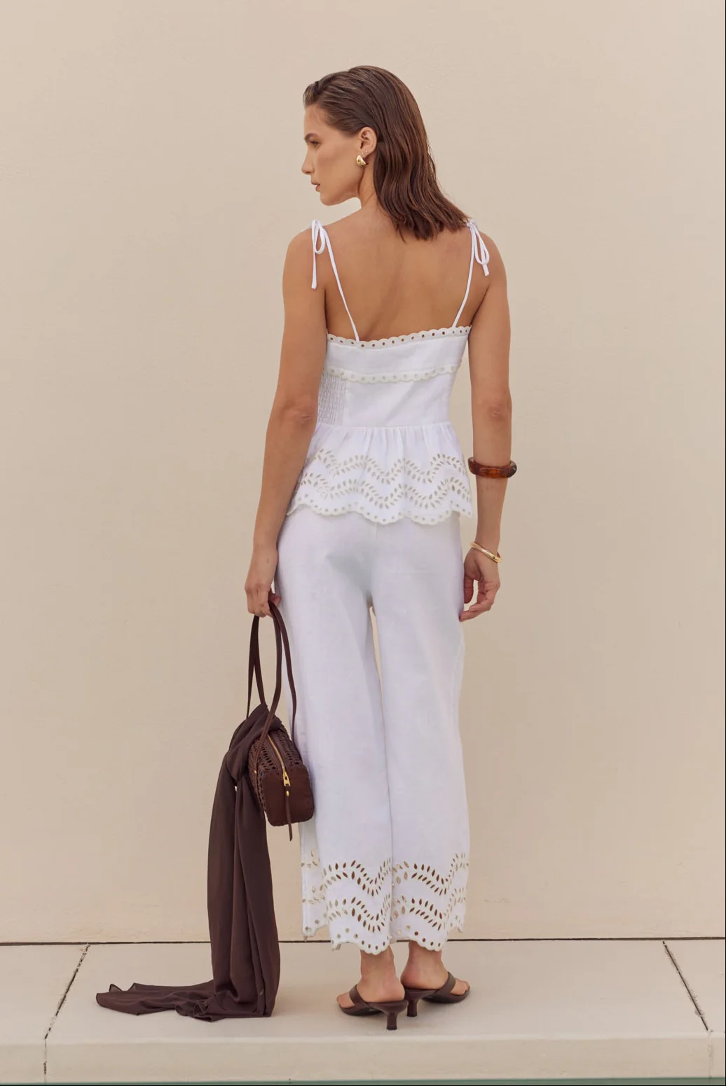 Eyelet Trim Linen Wide-Leg Pants - Image 4