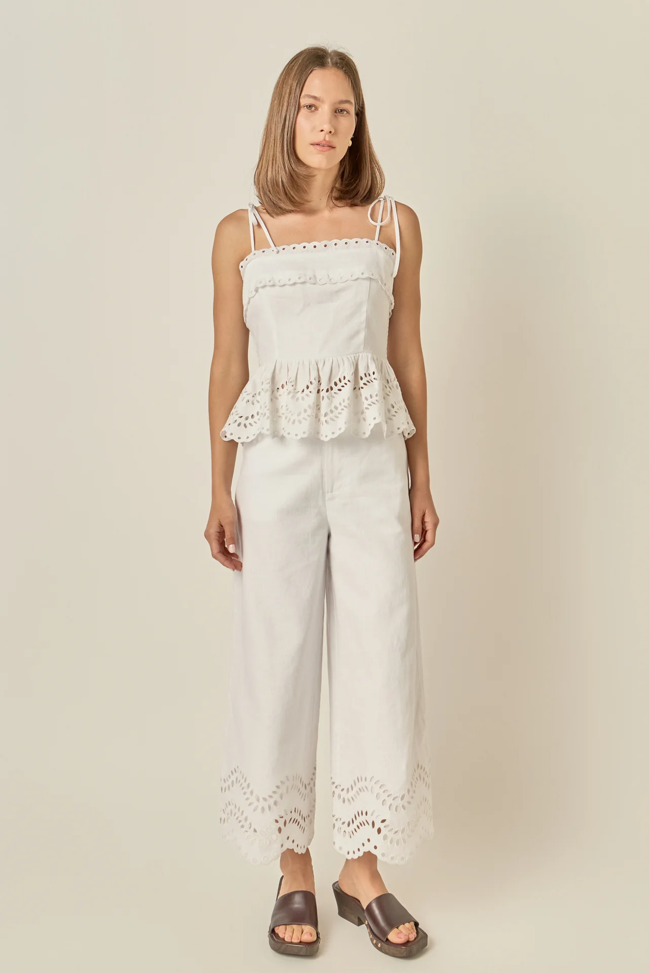 Eyelet Trim Linen Wide-Leg Pants - Image 9