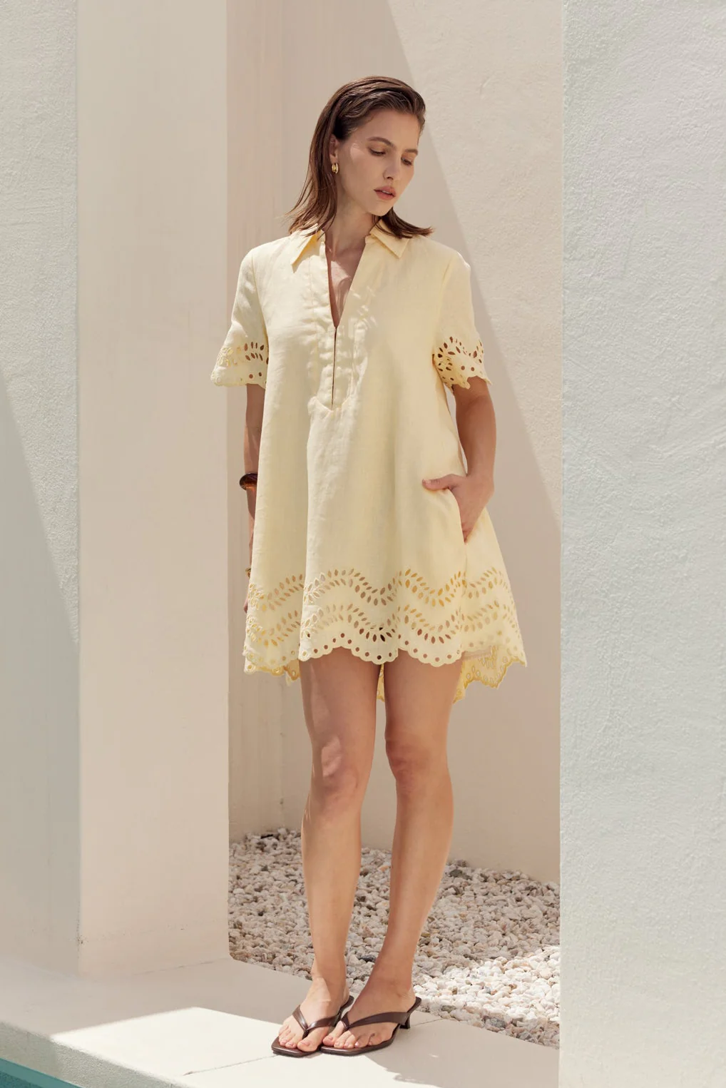 Eyelet Trim Linen Mini Dress - Image 3