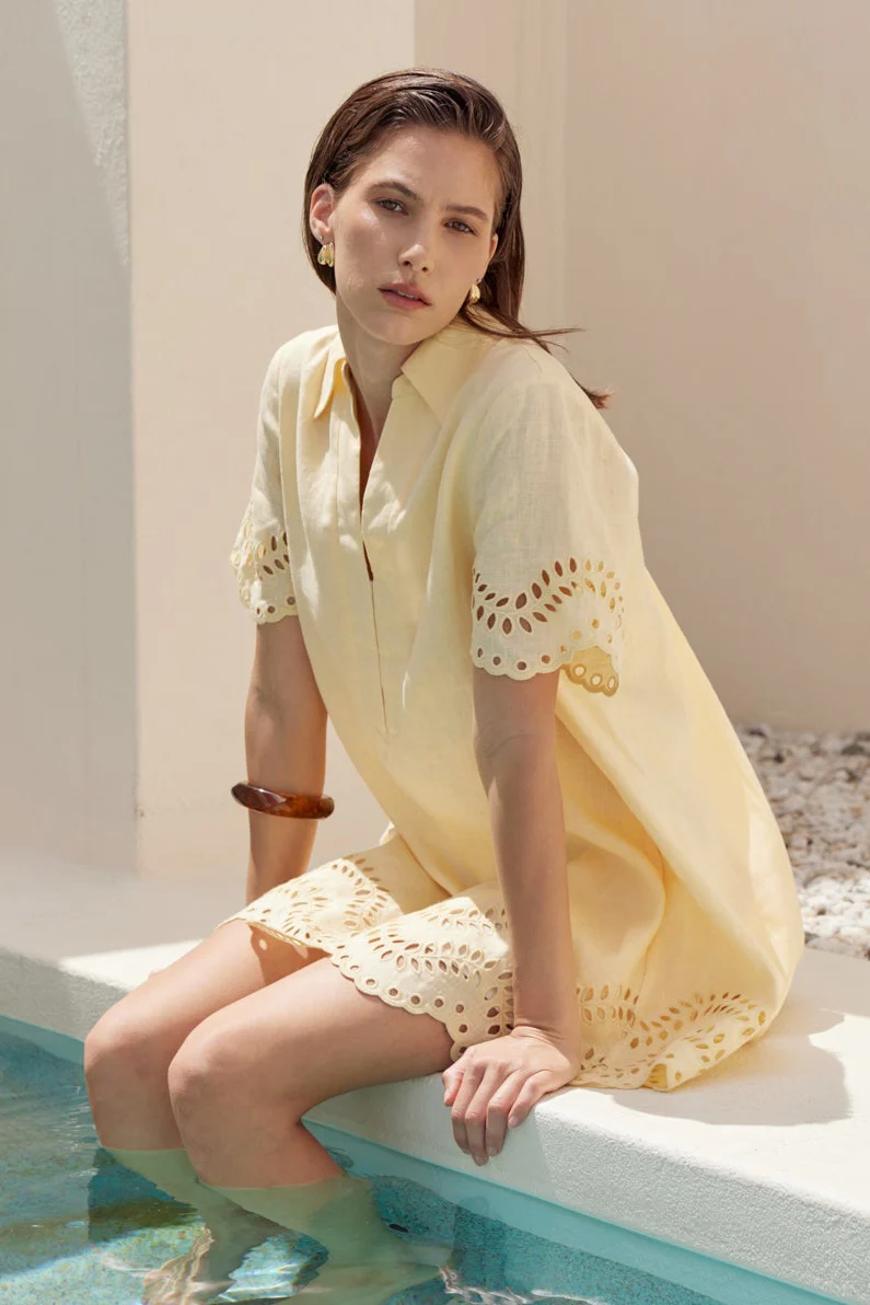 Eyelet Trim Linen Mini Dress - Image 6
