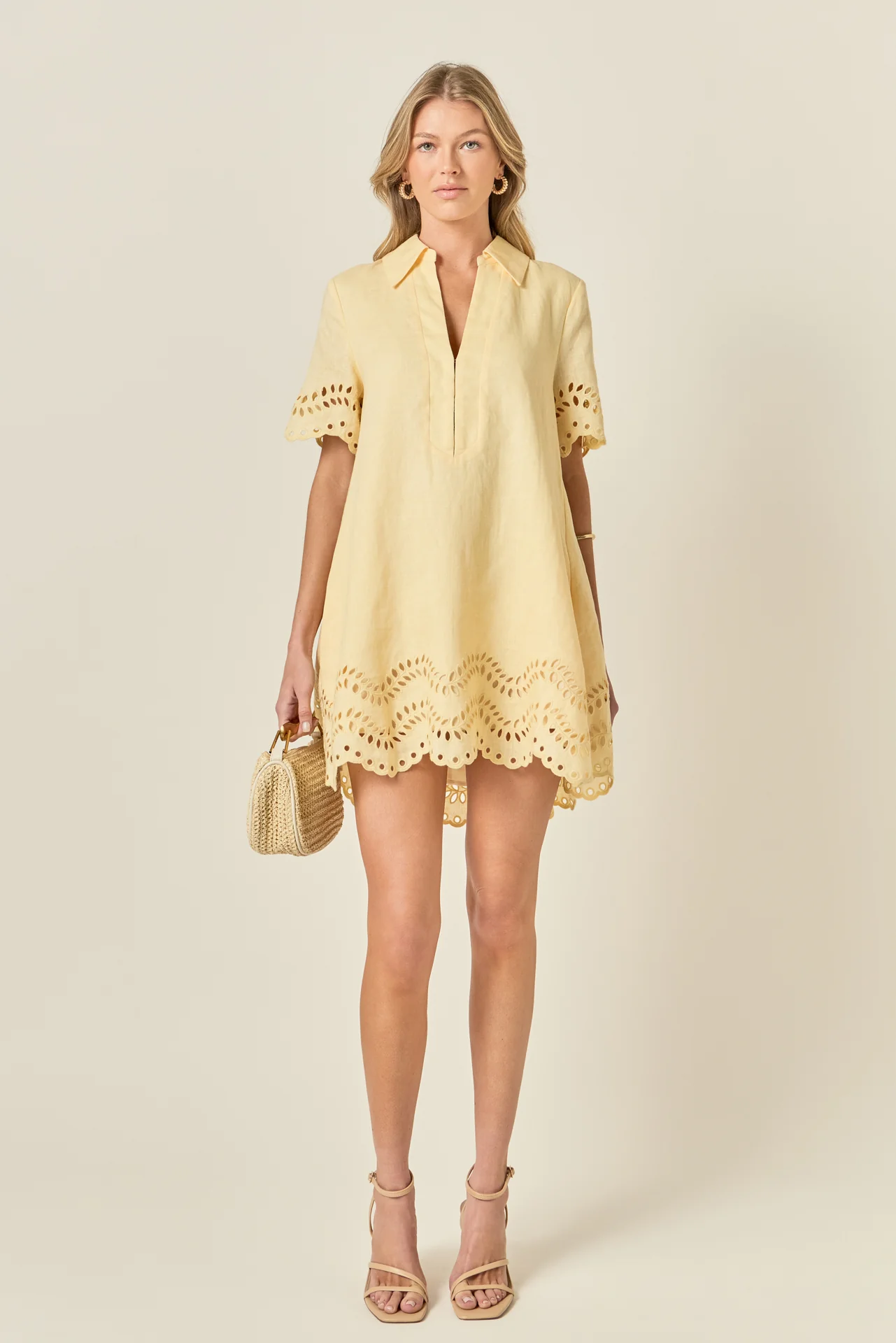 Eyelet Trim Linen Mini Dress - Image 8