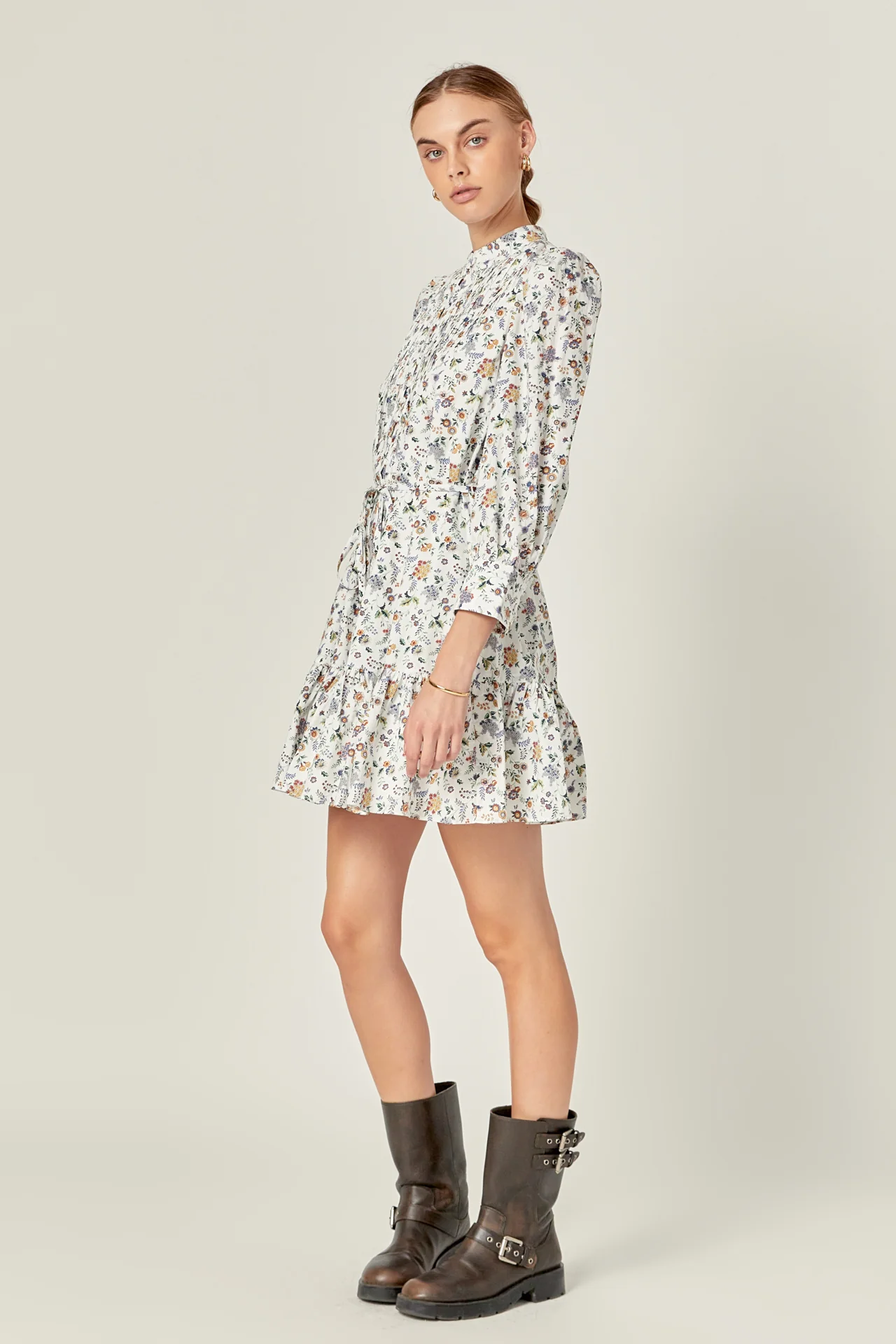 Floral Print Pintuck Smock Mini Dress - Image 3