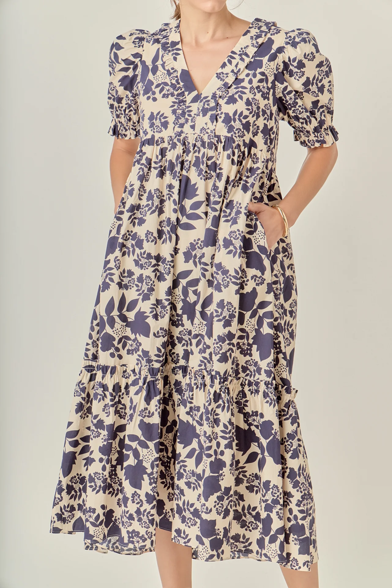 V-Neck Floral Puff Sleeve Tiered Midi Dress - Image 2