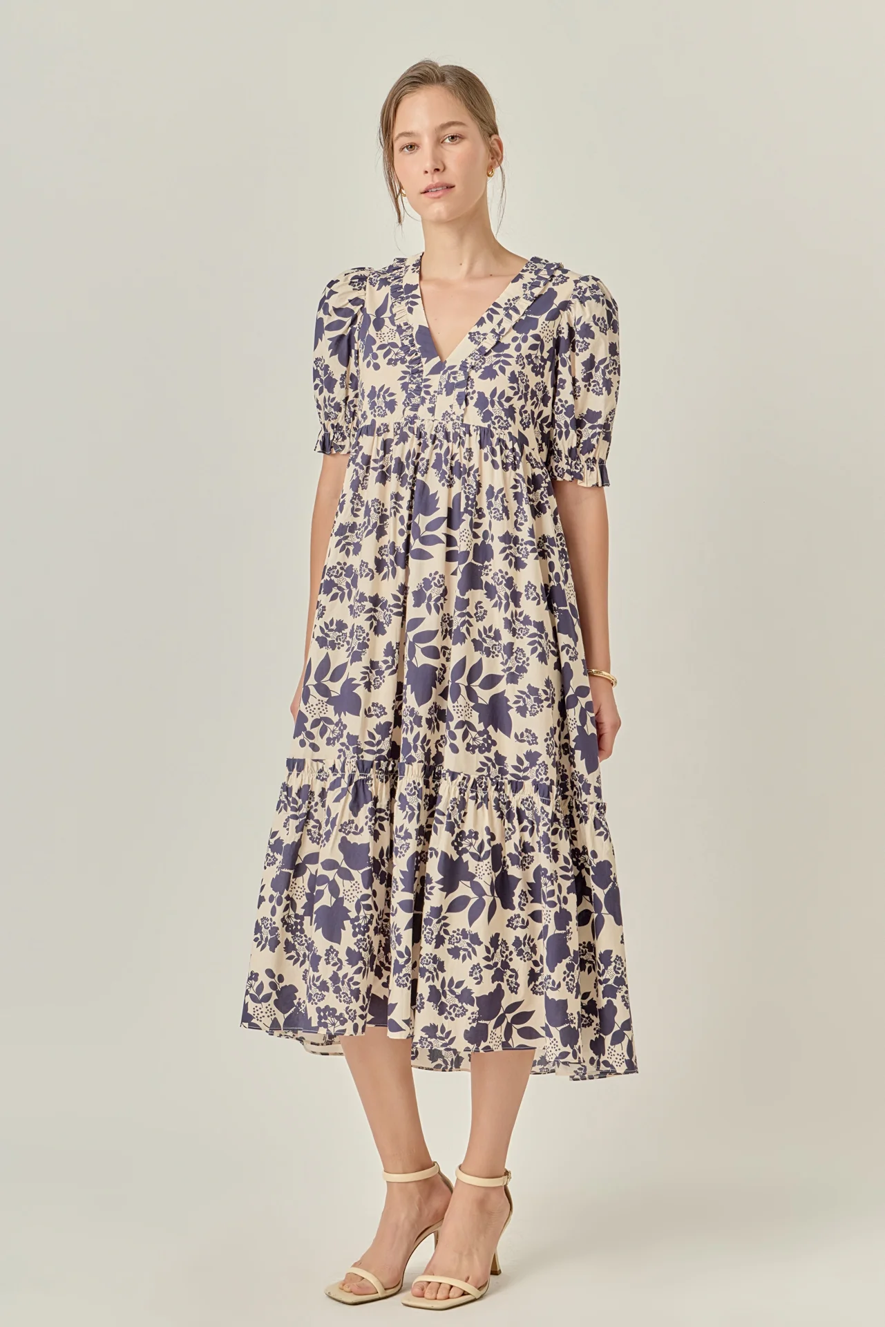 V-Neck Floral Puff Sleeve Tiered Midi Dress - Image 3
