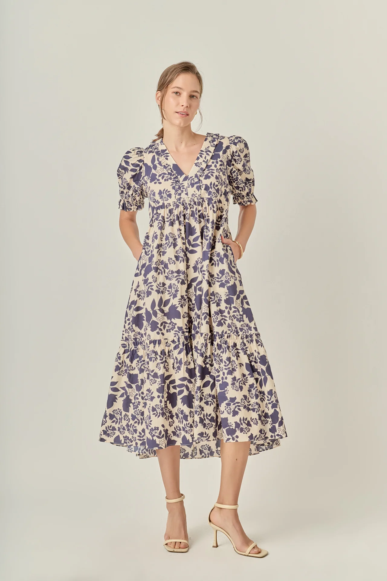 V-Neck Floral Puff Sleeve Tiered Midi Dress - Image 5