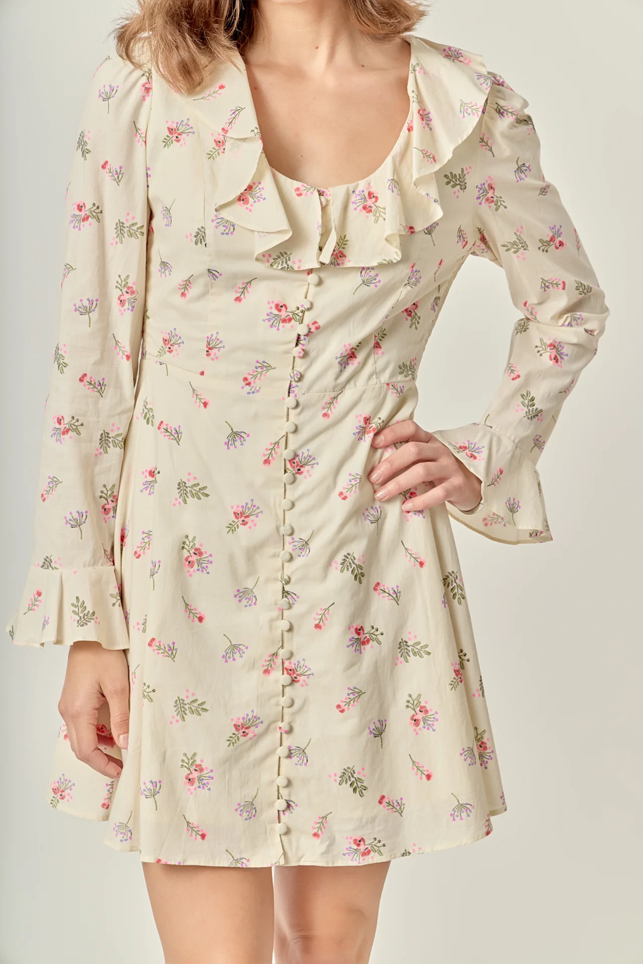 Floral Ruffled Neck Mini Dress - Image 2