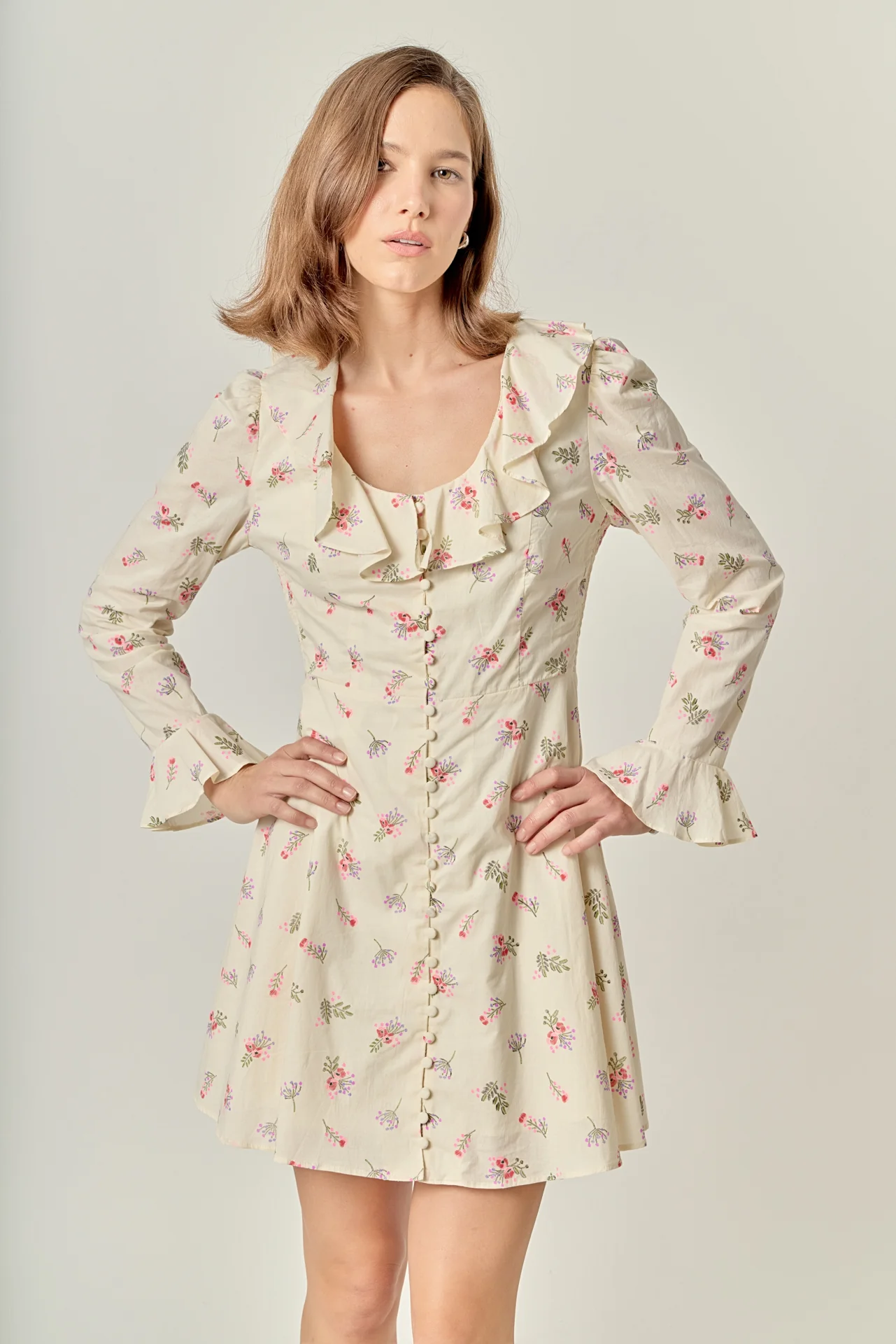 Floral Ruffled Neck Mini Dress - Image 5