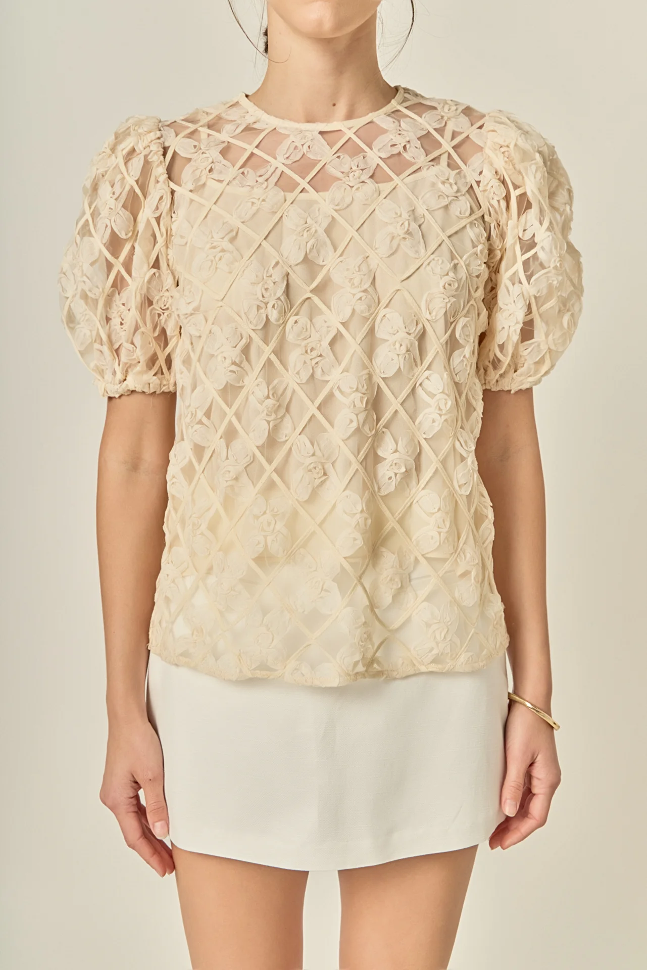 Floral Texture Puff Sleeve Top - Image 2
