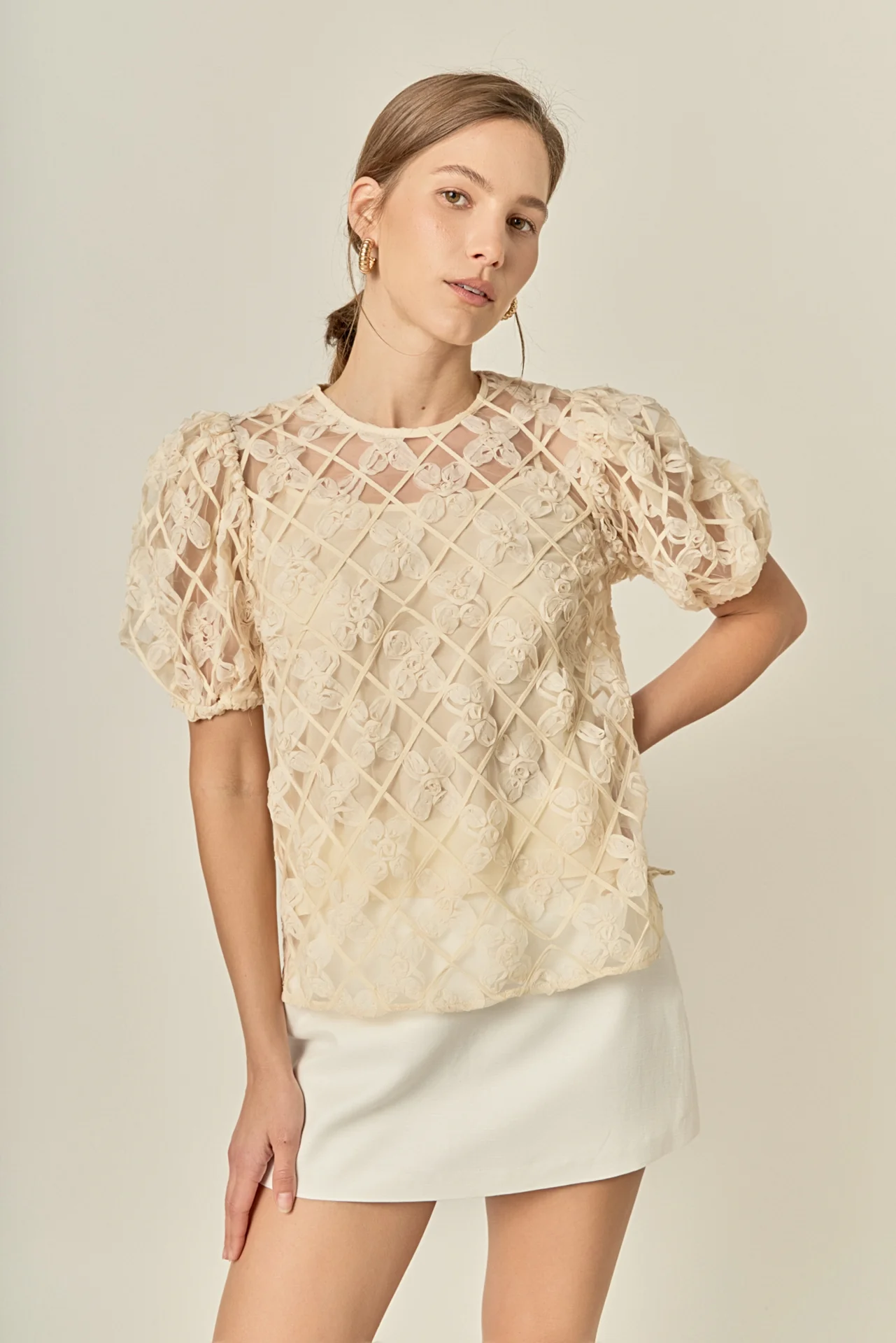 Floral Texture Puff Sleeve Top - Image 6