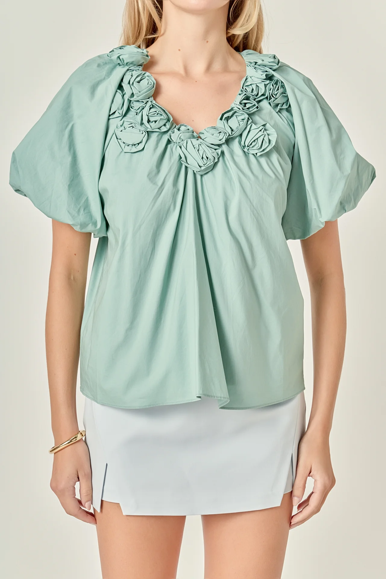 Flower Neckline Puff Sleeve Top - Image 2