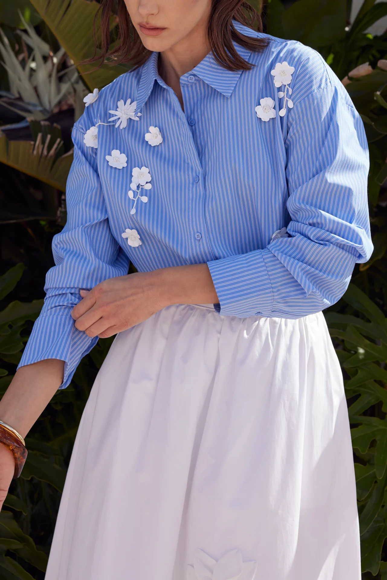 Floral Trim Striped Button-Up Shirt - Image 2