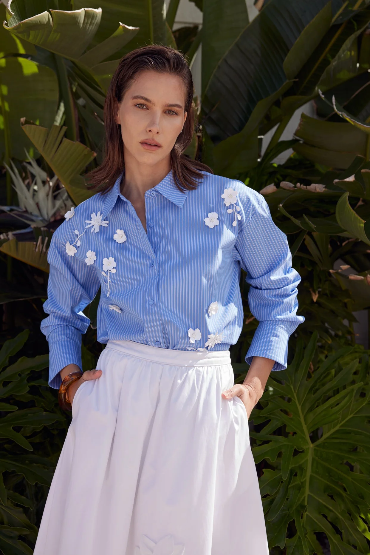 Floral Trim Striped Button-Up Shirt - Image 5