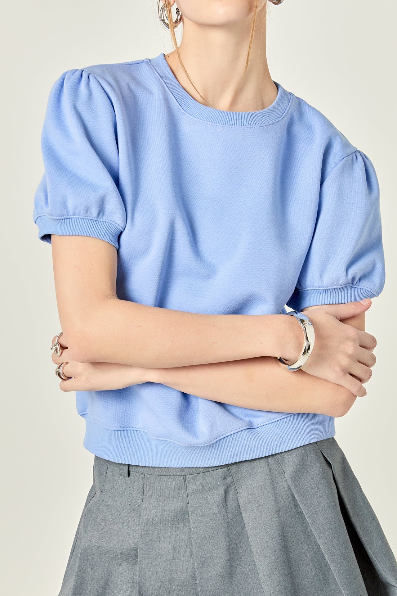 French Terry Puff Sleeve Sweatshirt in Powder Blue - Image 2