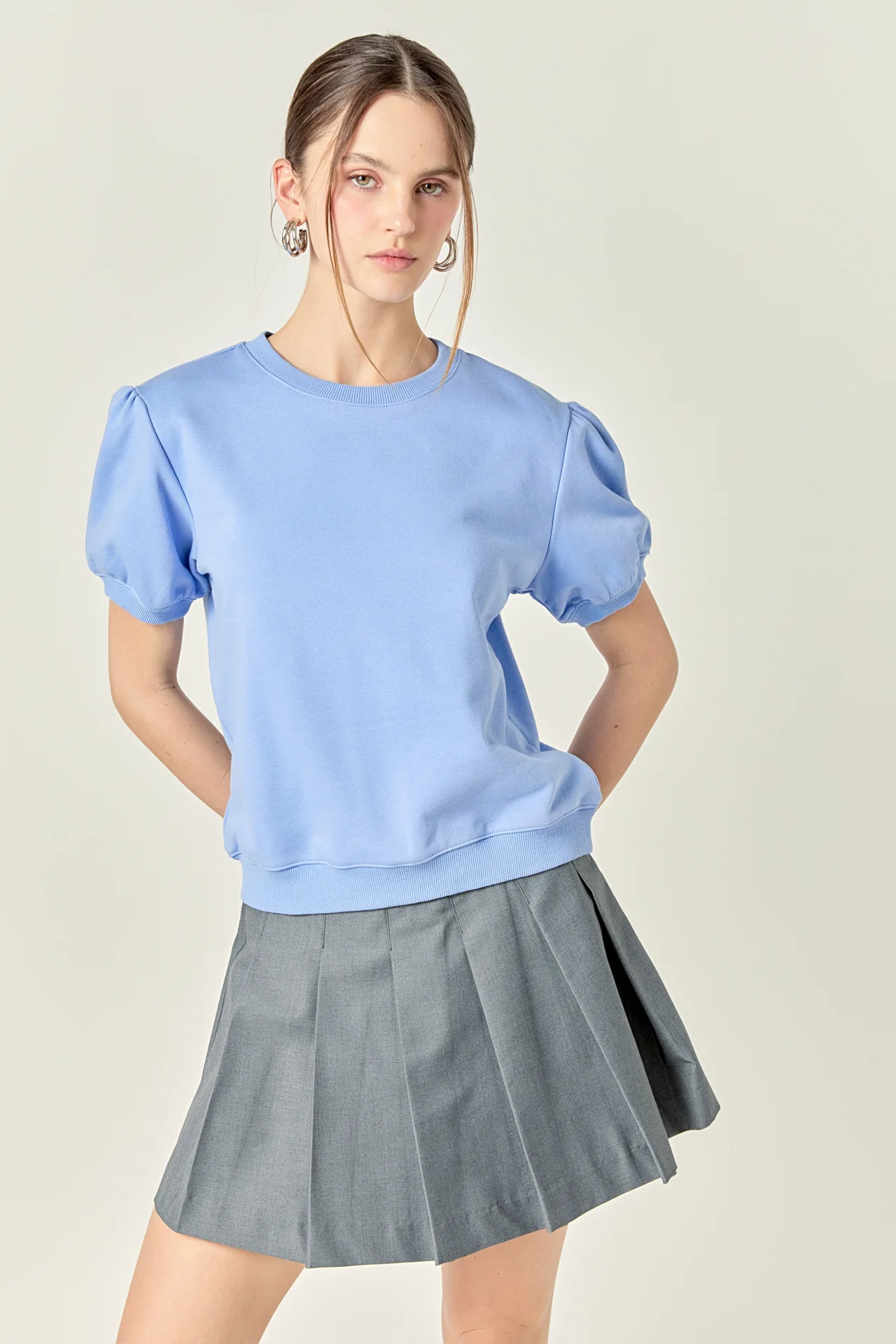 French Terry Puff Sleeve Sweatshirt in Powder Blue - Image 5