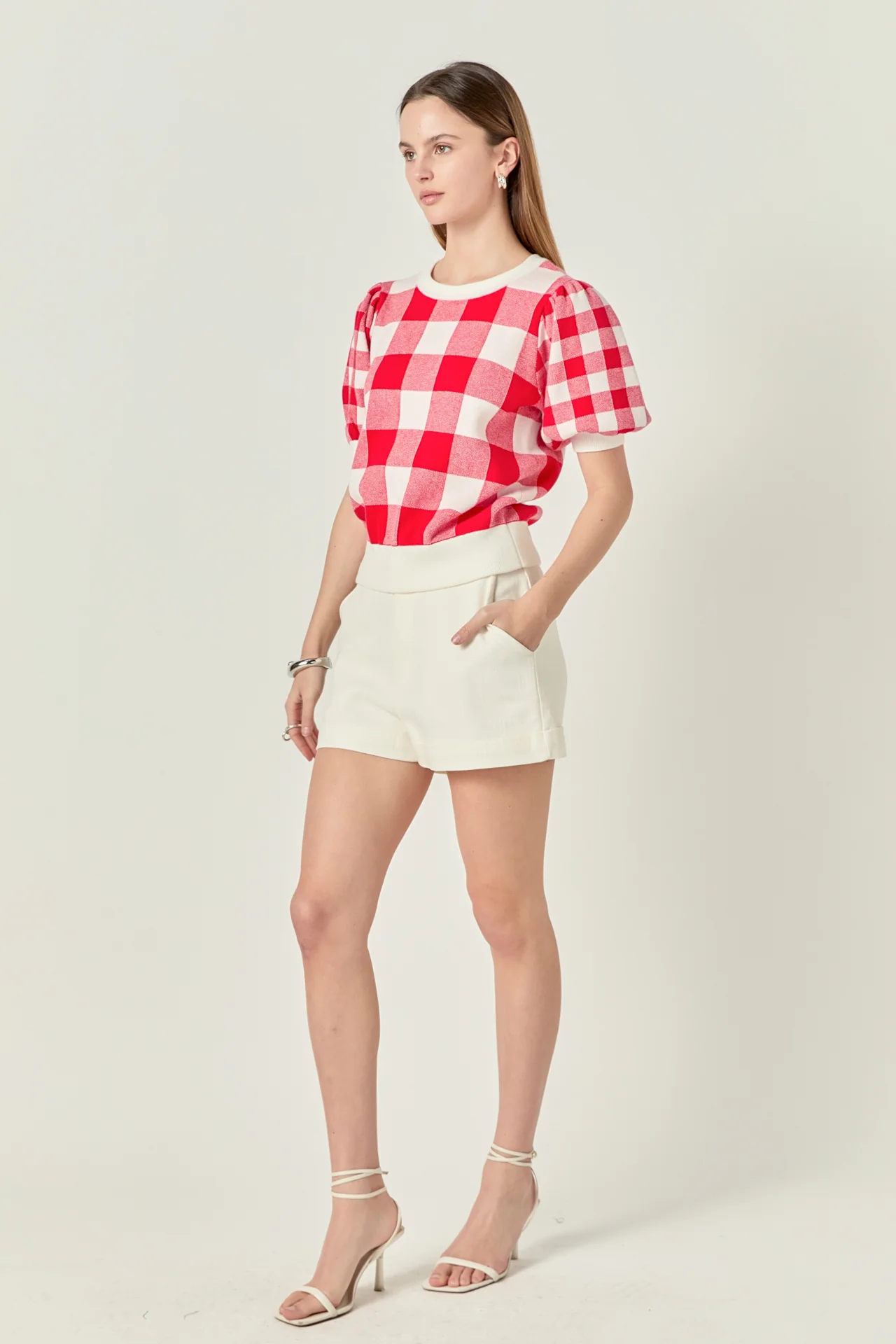 Gingham Puff Sleeve Knit Top - Image 3