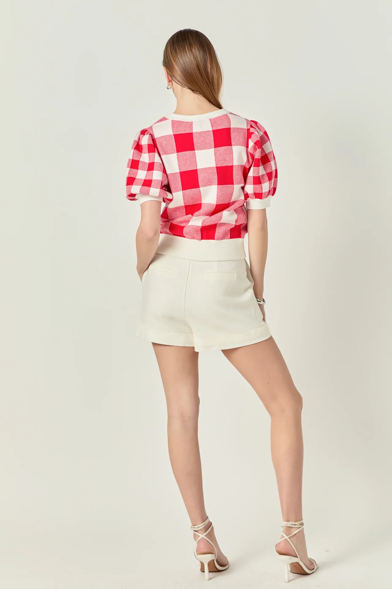 Gingham Puff Sleeve Knit Top - Image 4