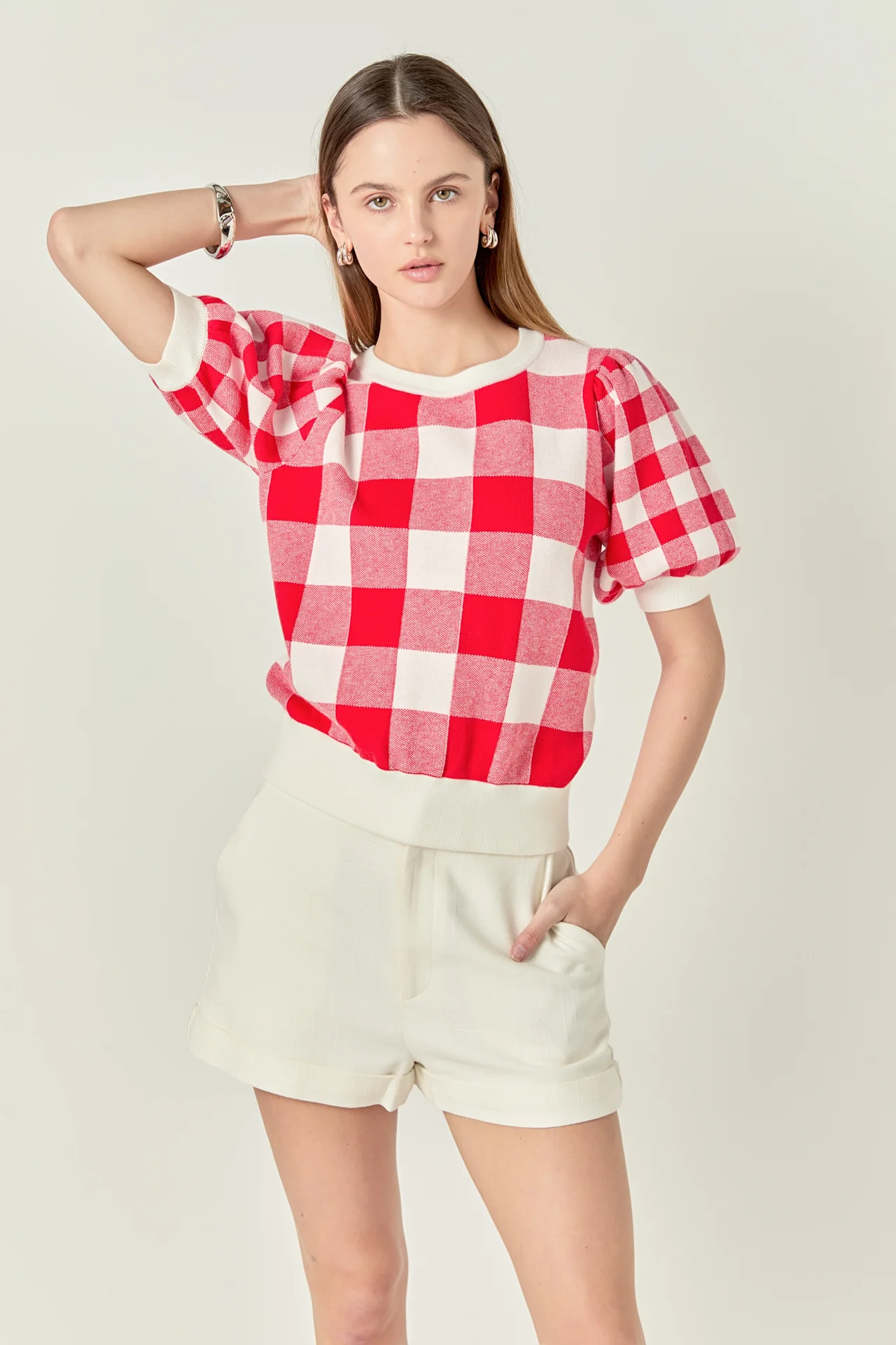 Gingham Puff Sleeve Knit Top - Image 5