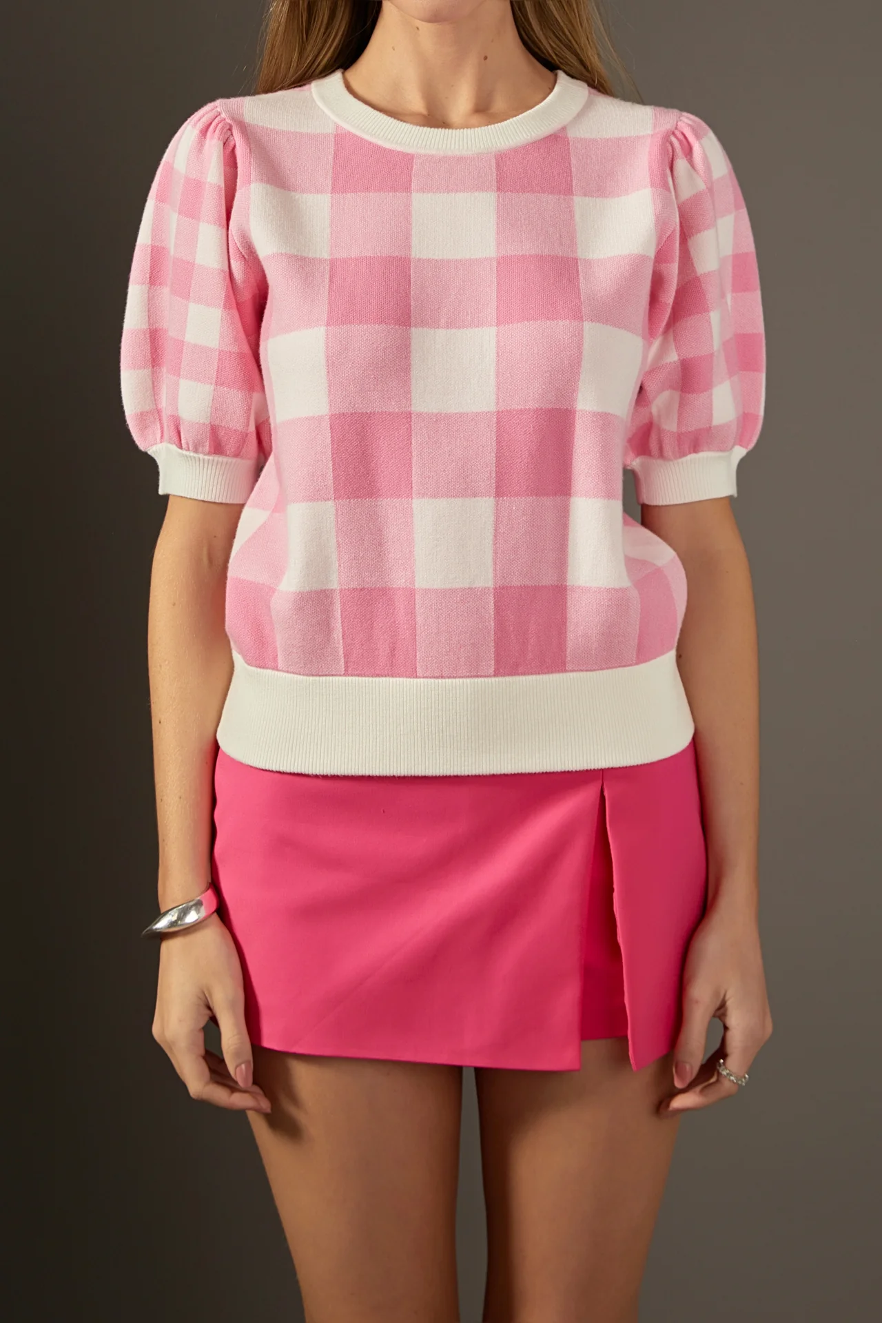 Gingham Puff Sleeve Knit Top - Image 7