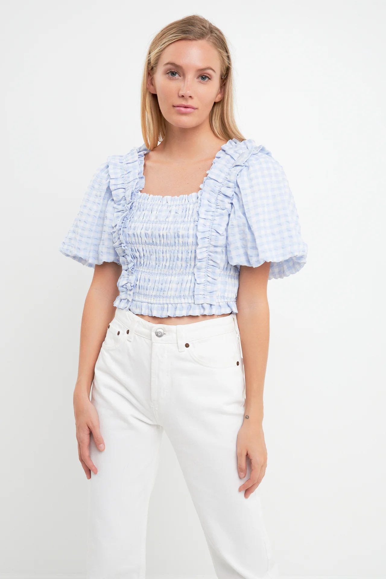 Gingham Smocked Puff Sleeve Top - Image 5