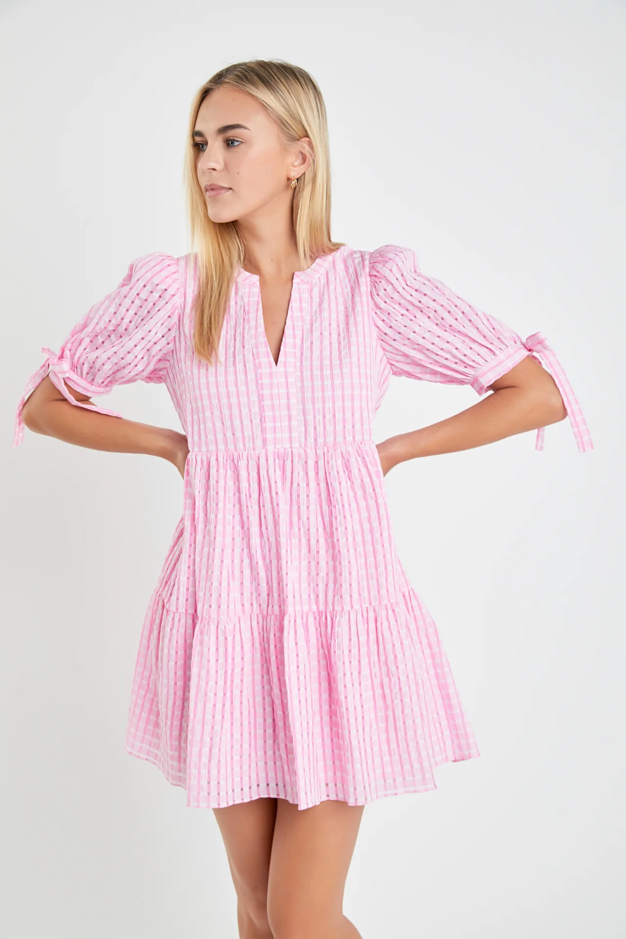 Gingham Tiered Mini Dress - Image 31