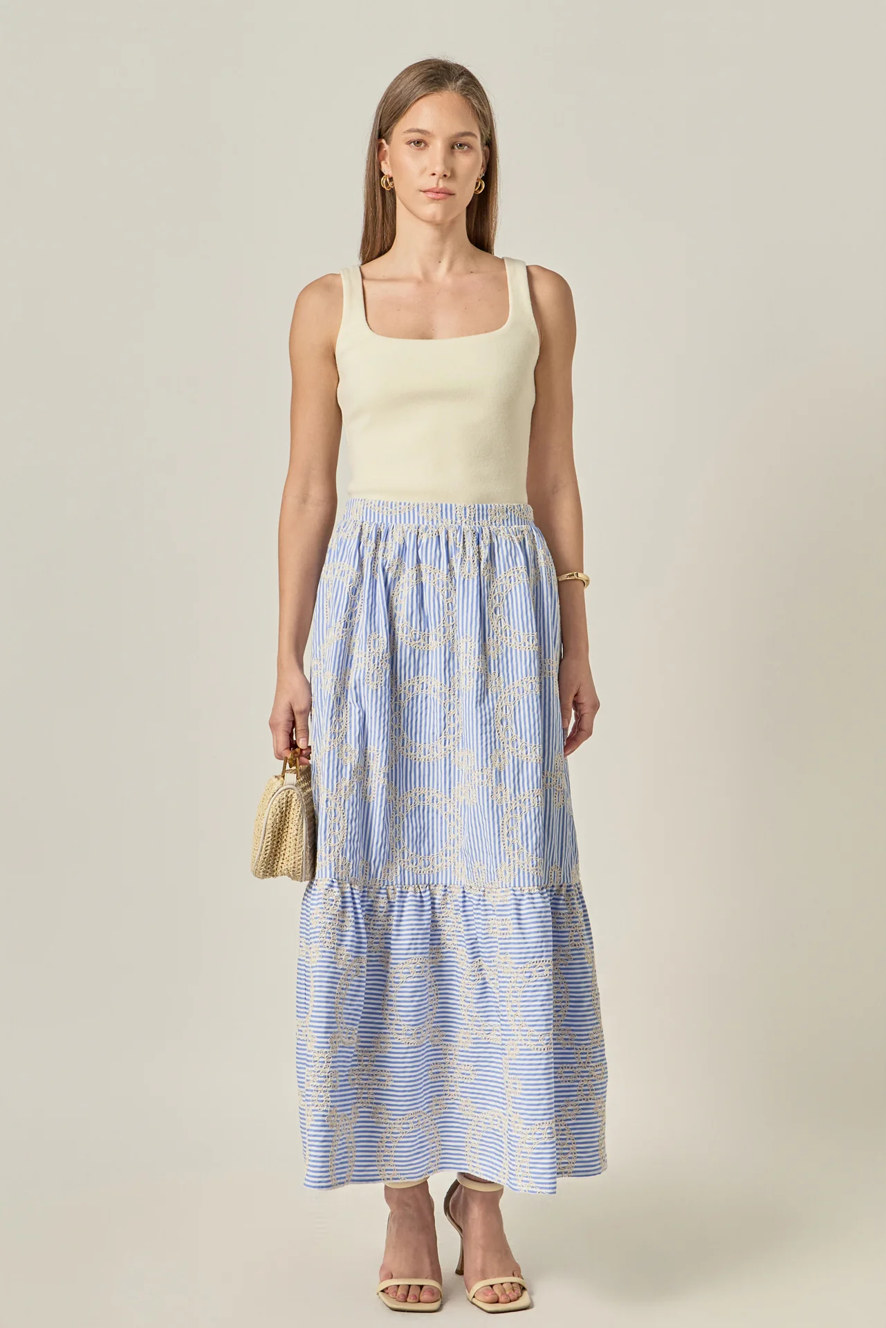 Embroidered Stripe Tiered Midi Skirt - Image 6