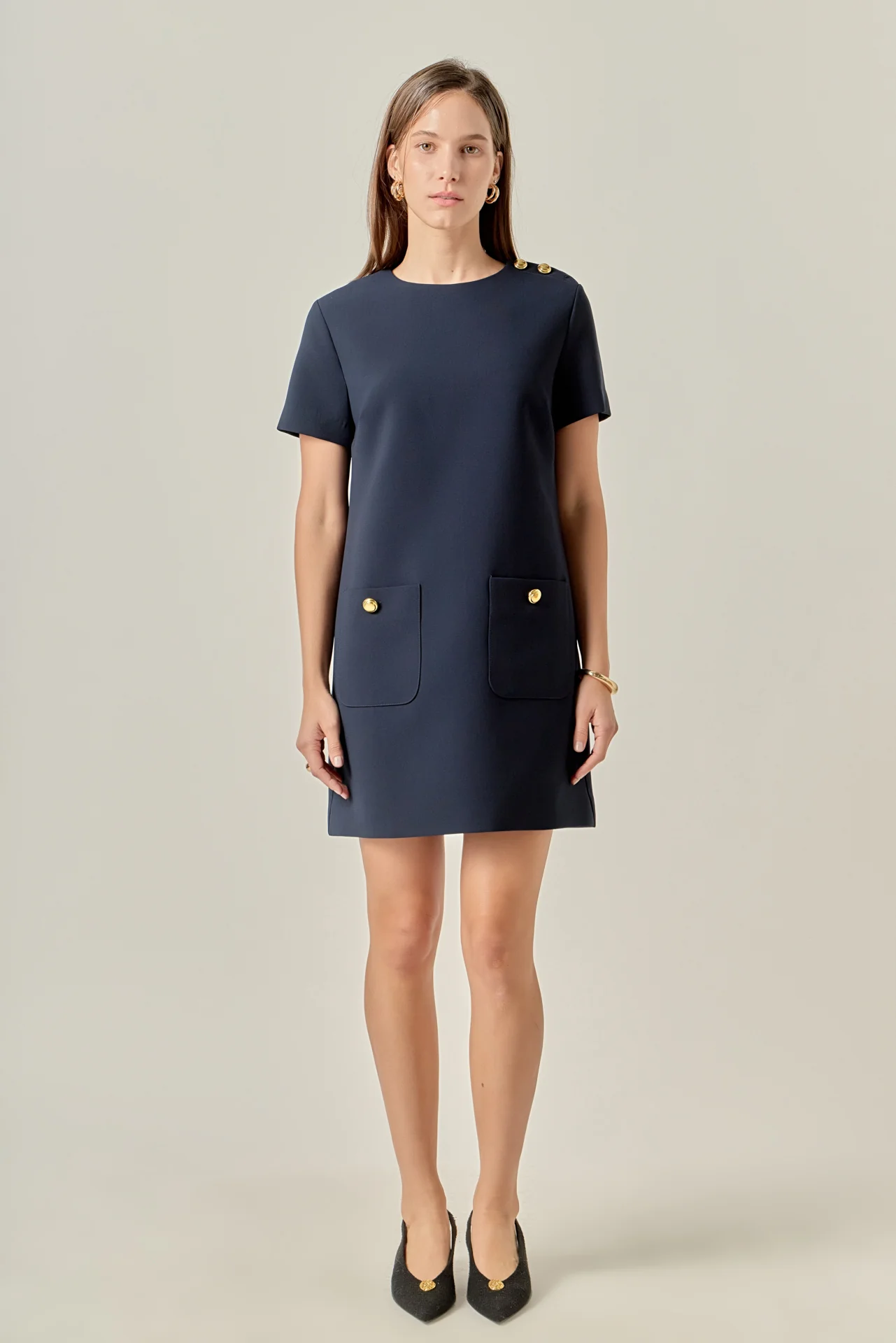 Gold Button Pointed Mini Dress - Image 11
