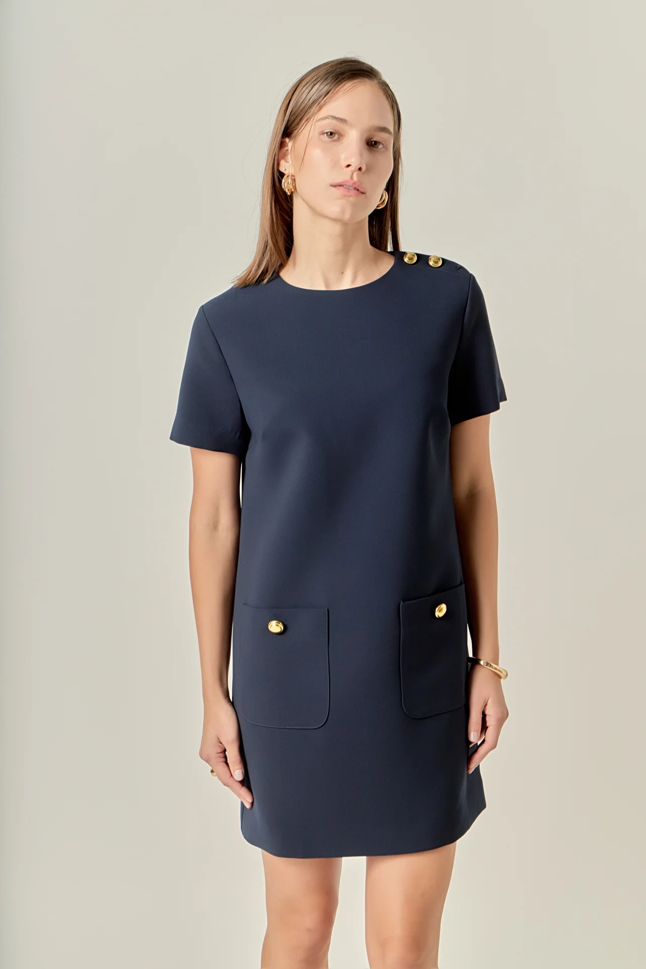 Gold Button Pointed Mini Dress - Image 15