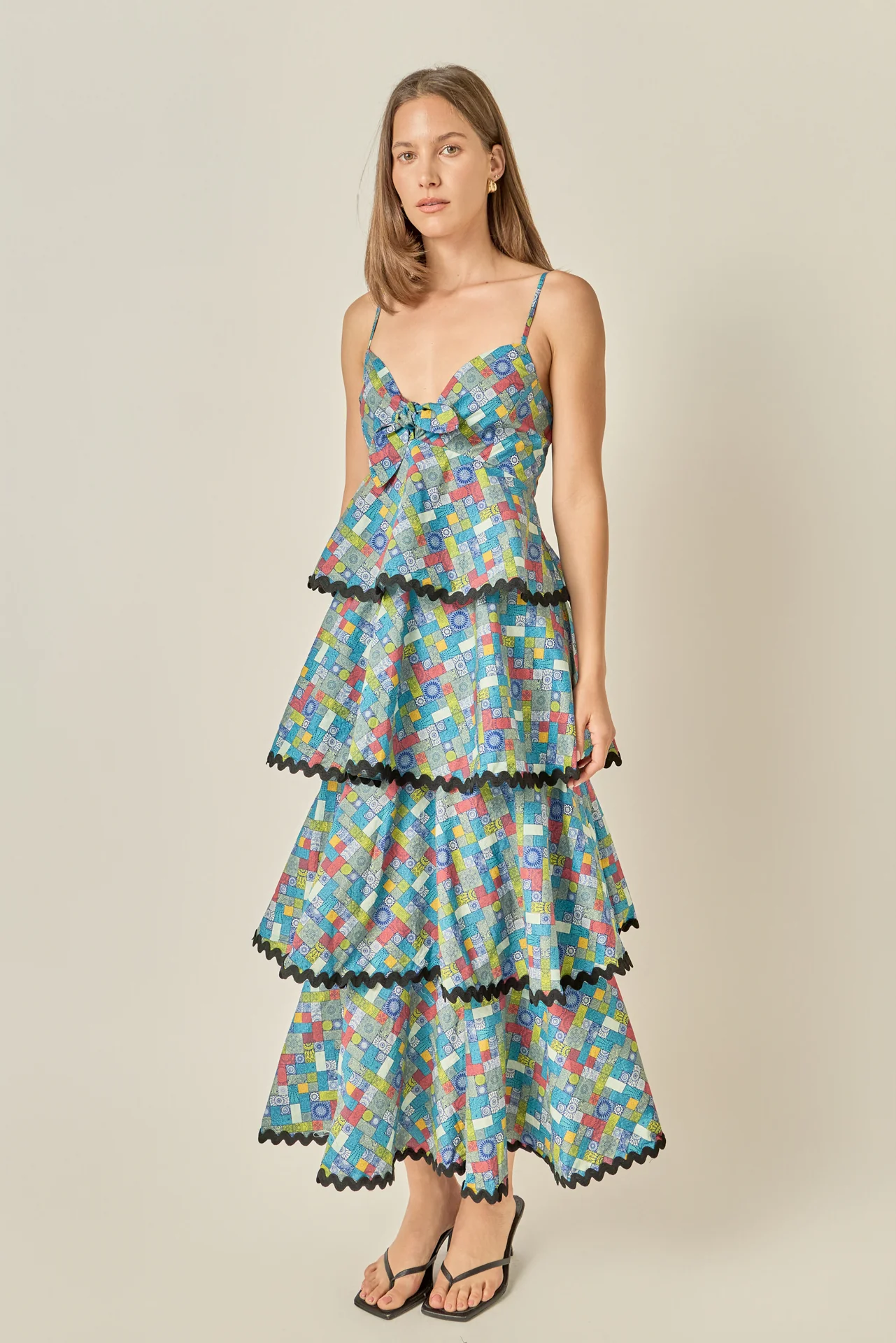 Grid Print Tiered Maxi Dress with Ric Rac Trim - Image 3