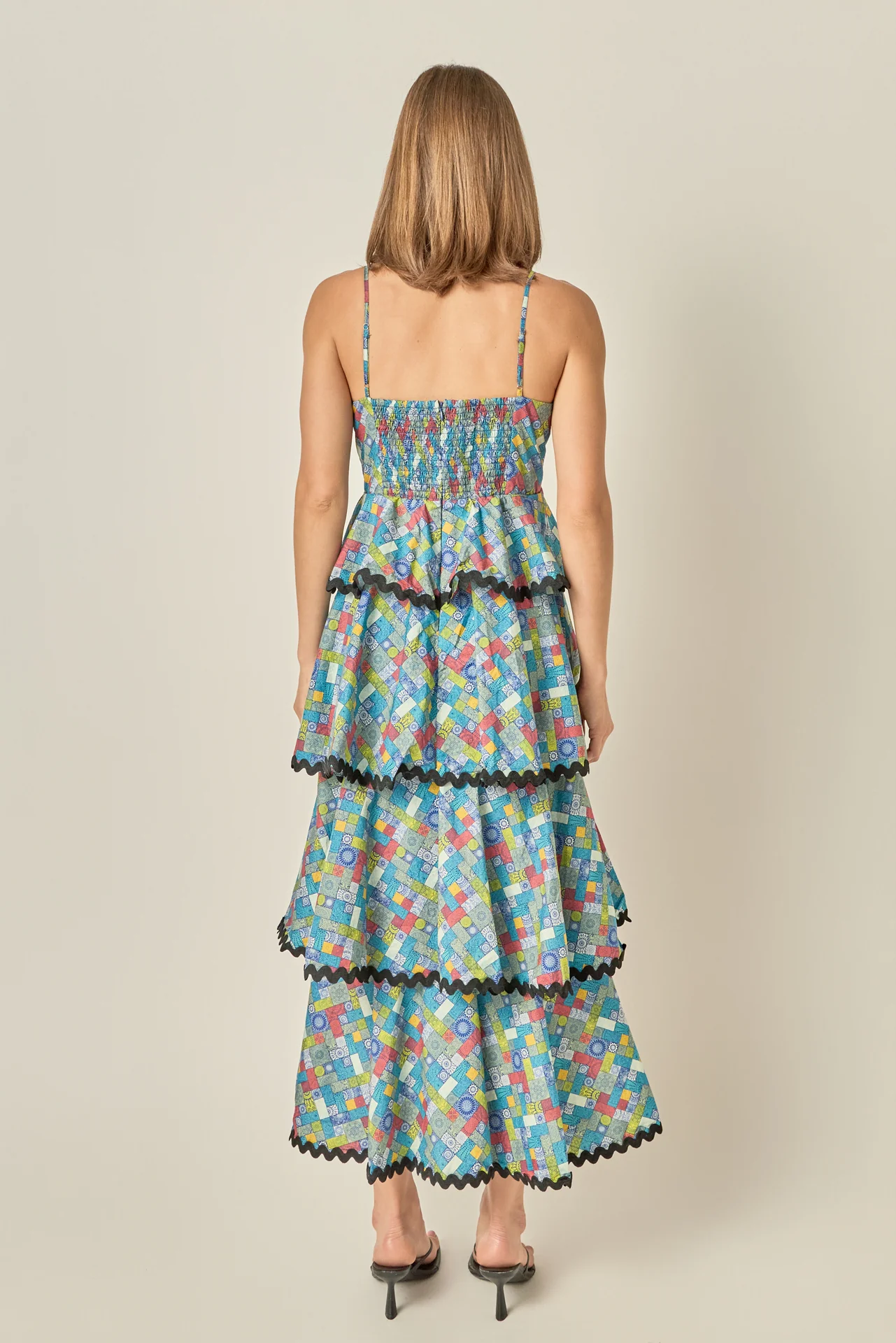 Grid Print Tiered Maxi Dress with Ric Rac Trim - Image 4