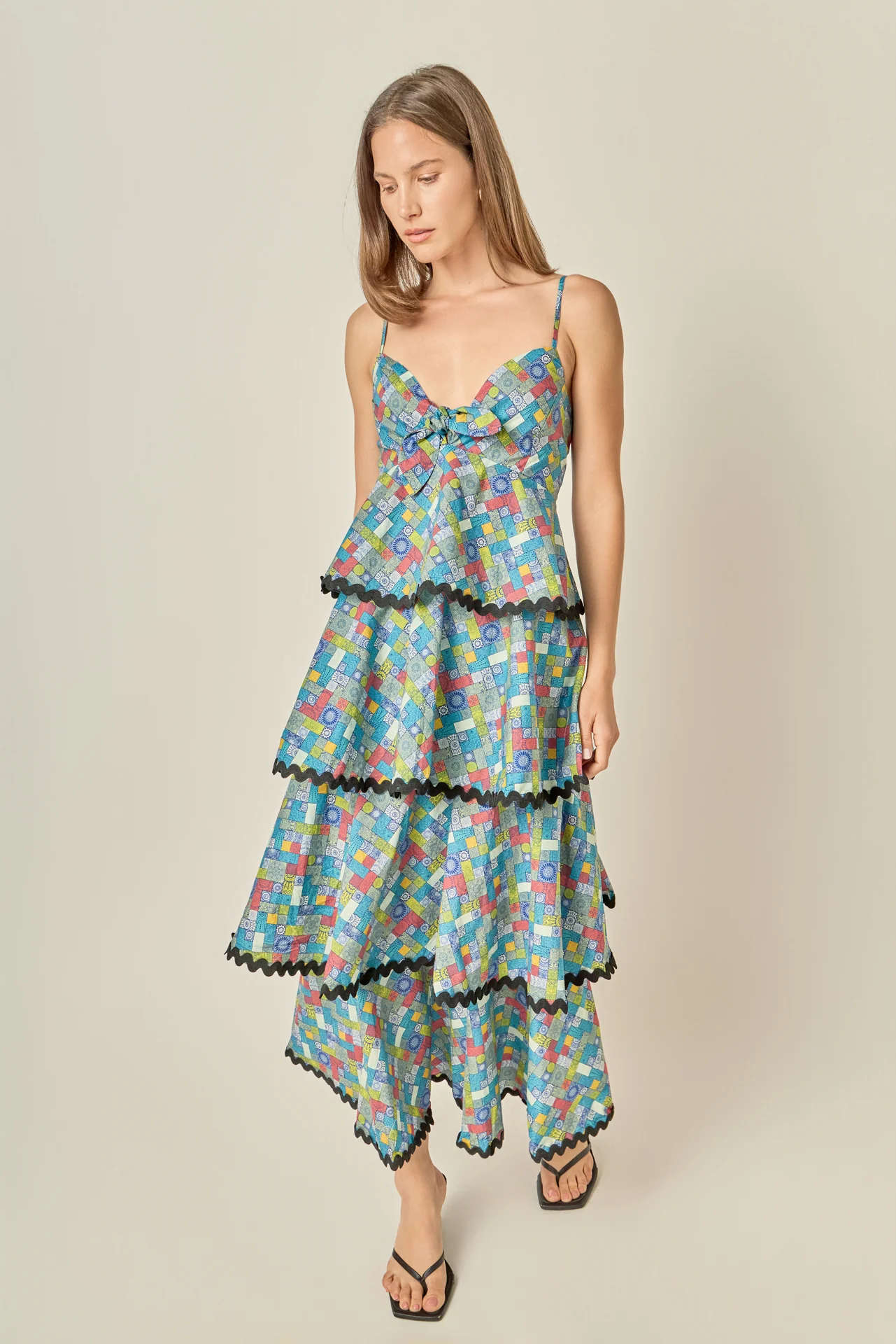 Grid Print Tiered Maxi Dress with Ric Rac Trim - Image 5
