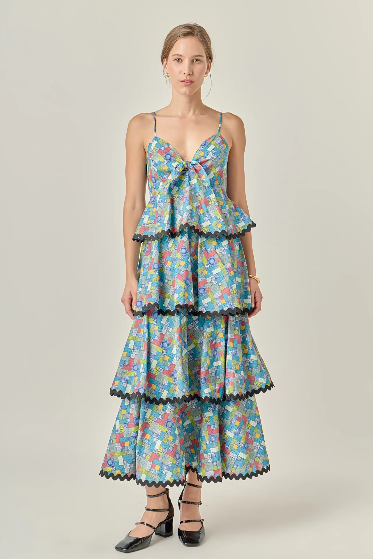 Grid Print Tiered Maxi Dress with Ric Rac Trim - Image 6
