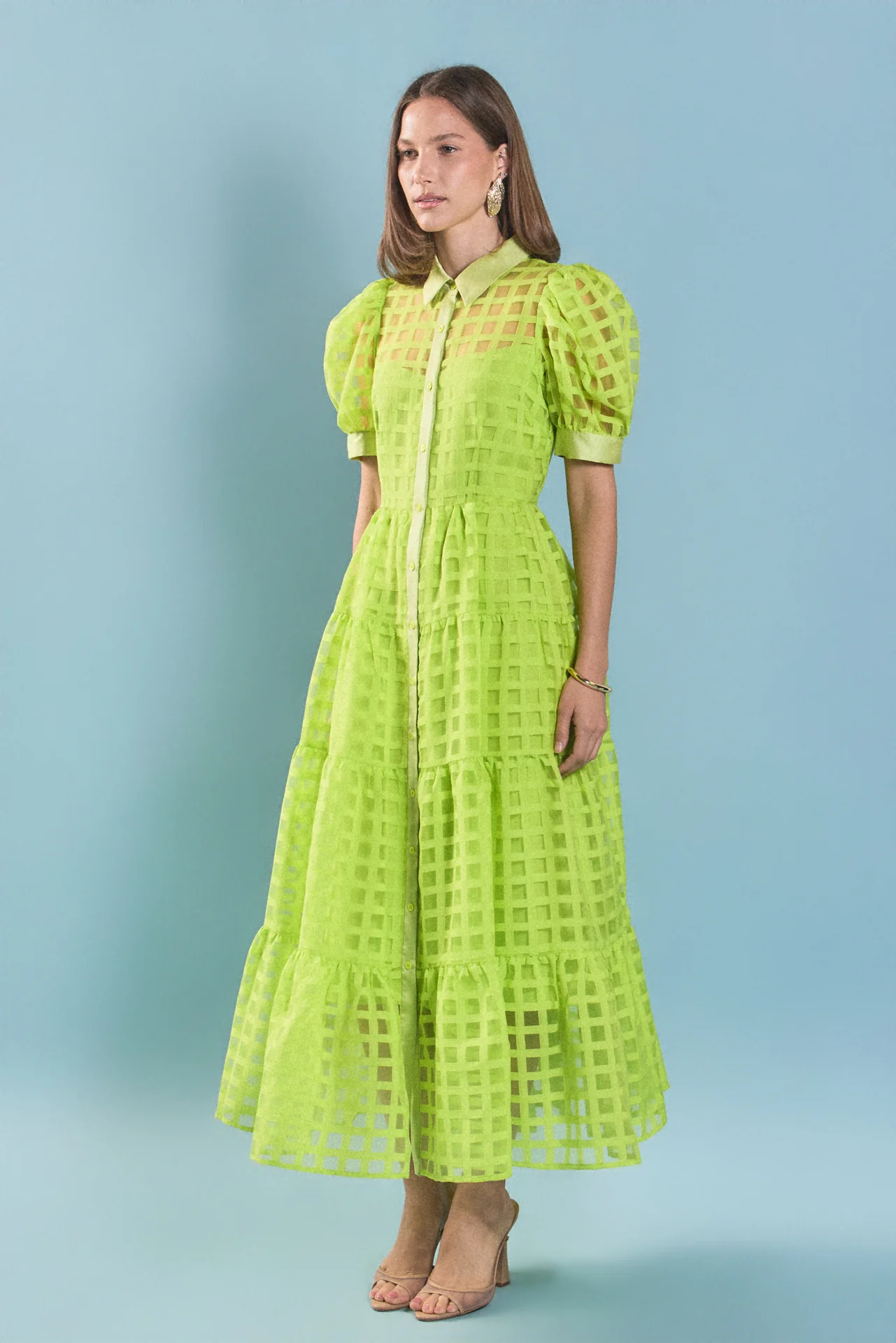 Gridded Organza Tiered Maxi Dress - Image 11