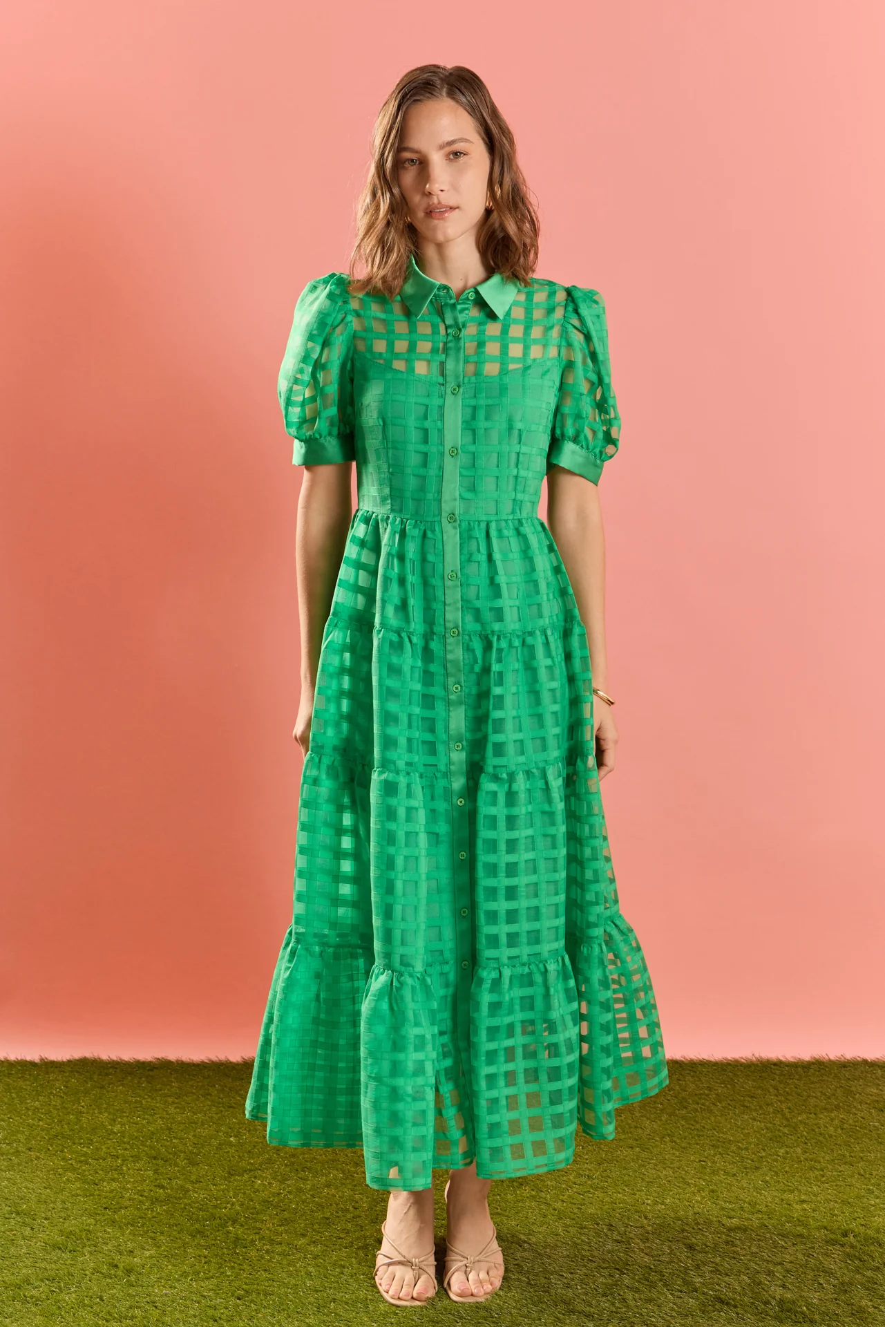 Gridded Organza Tiered Maxi Dress - Image 17