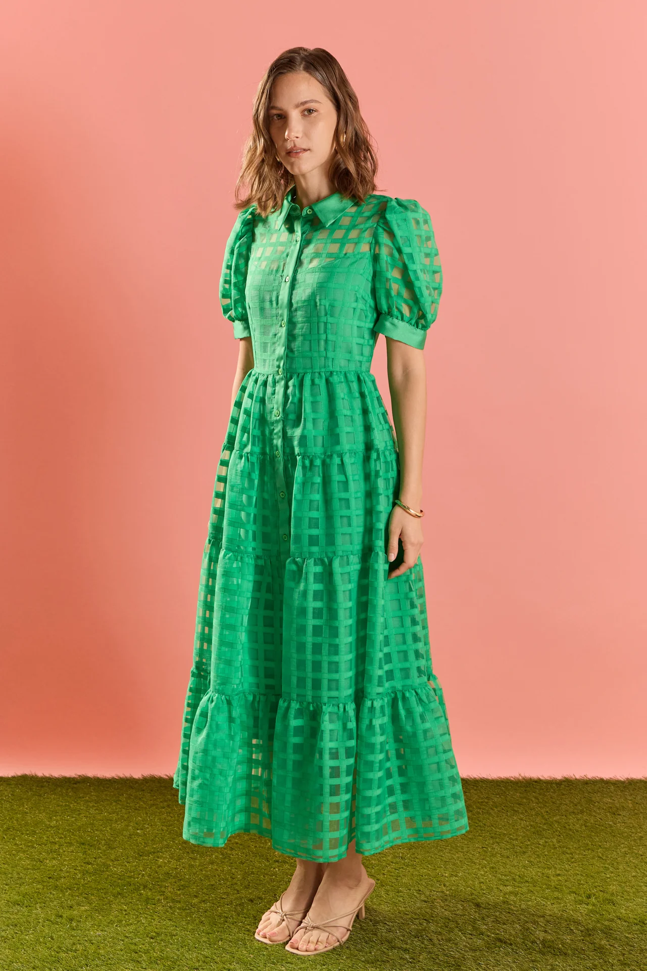 Gridded Organza Tiered Maxi Dress - Image 19