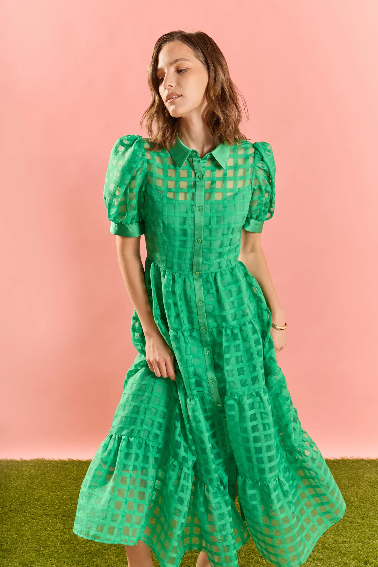 Gridded Organza Tiered Maxi Dress - Image 21
