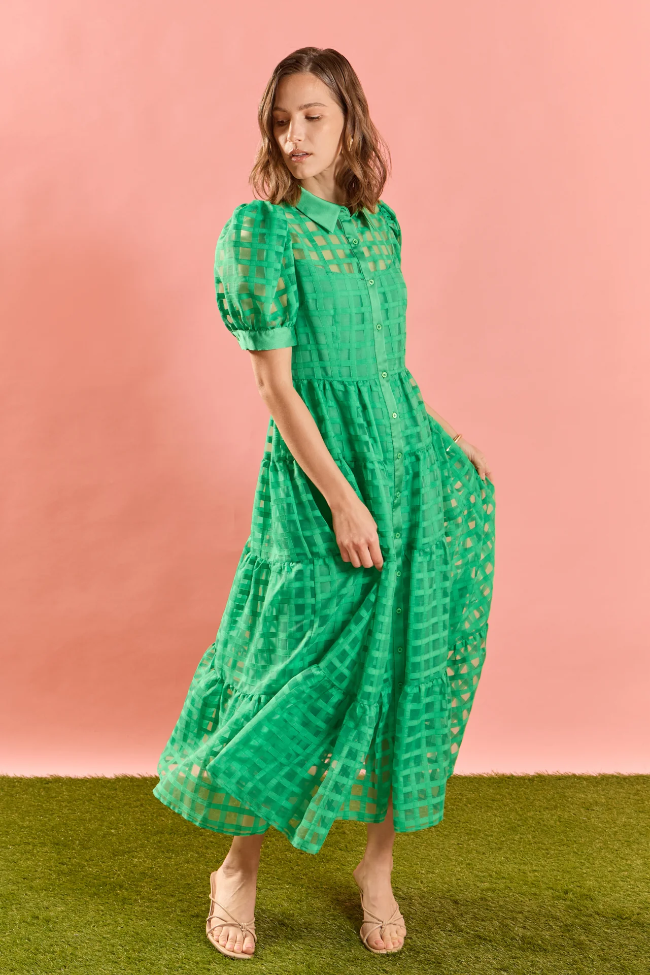 Gridded Organza Tiered Maxi Dress - Image 22