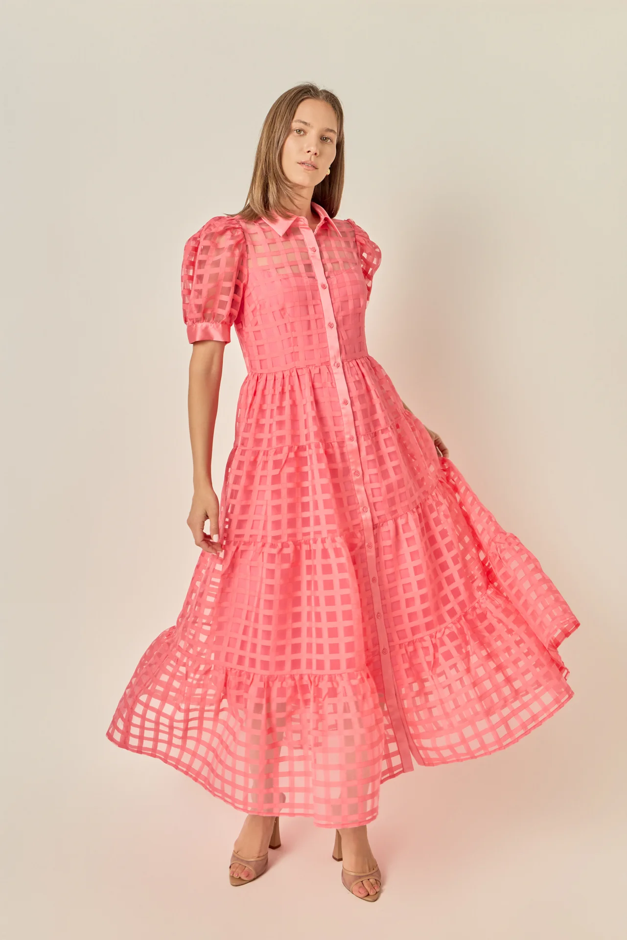 Gridded Organza Tiered Maxi Dress - Image 30