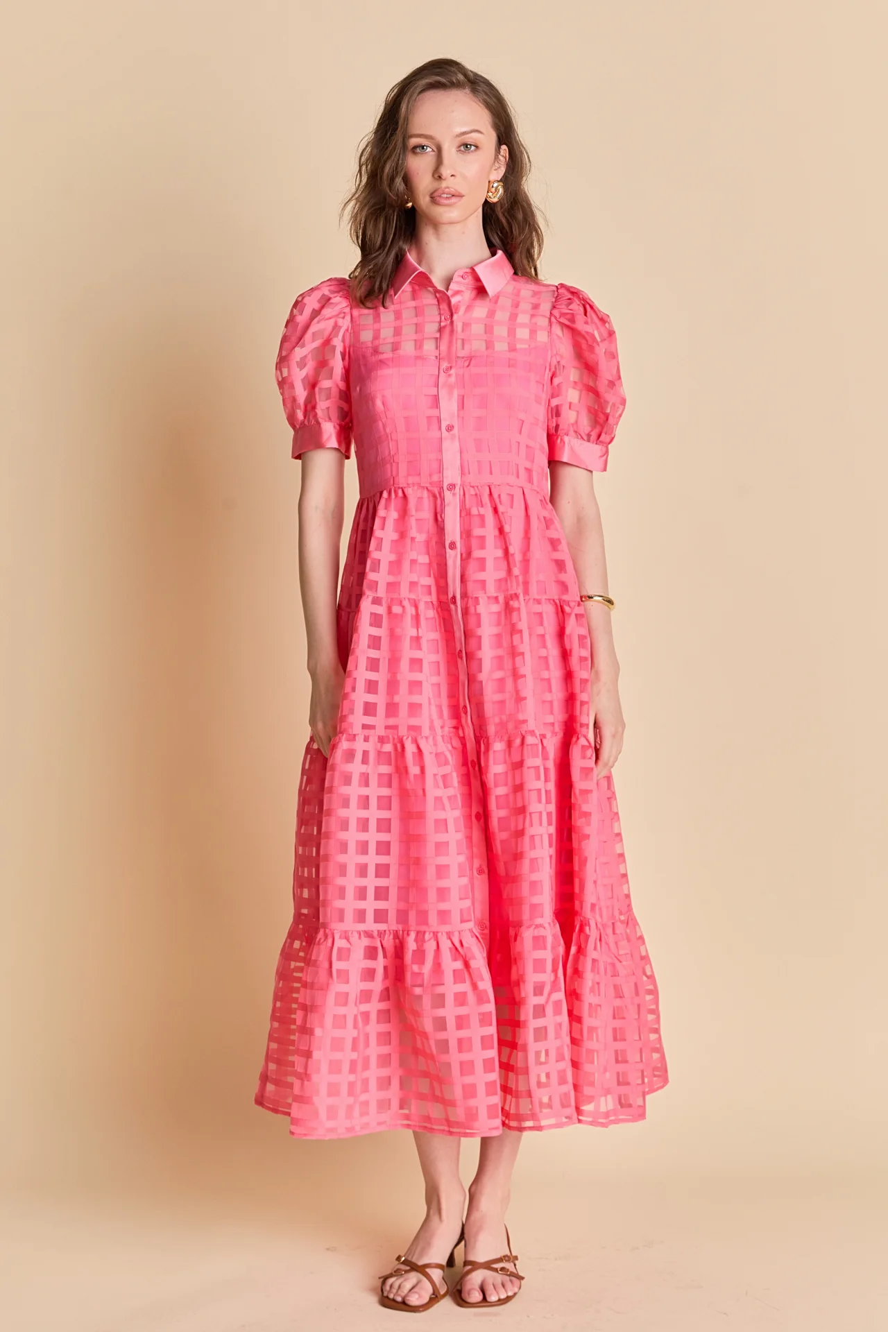 Gridded Organza Tiered Maxi Dress - Image 31