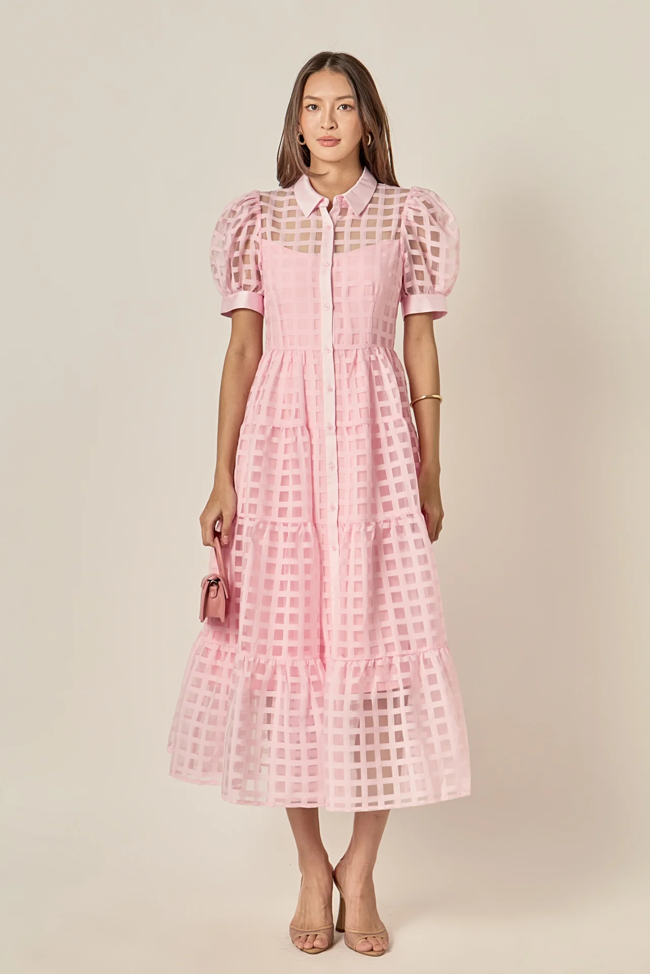 Gridded Organza Tiered Maxi Dress - Image 32