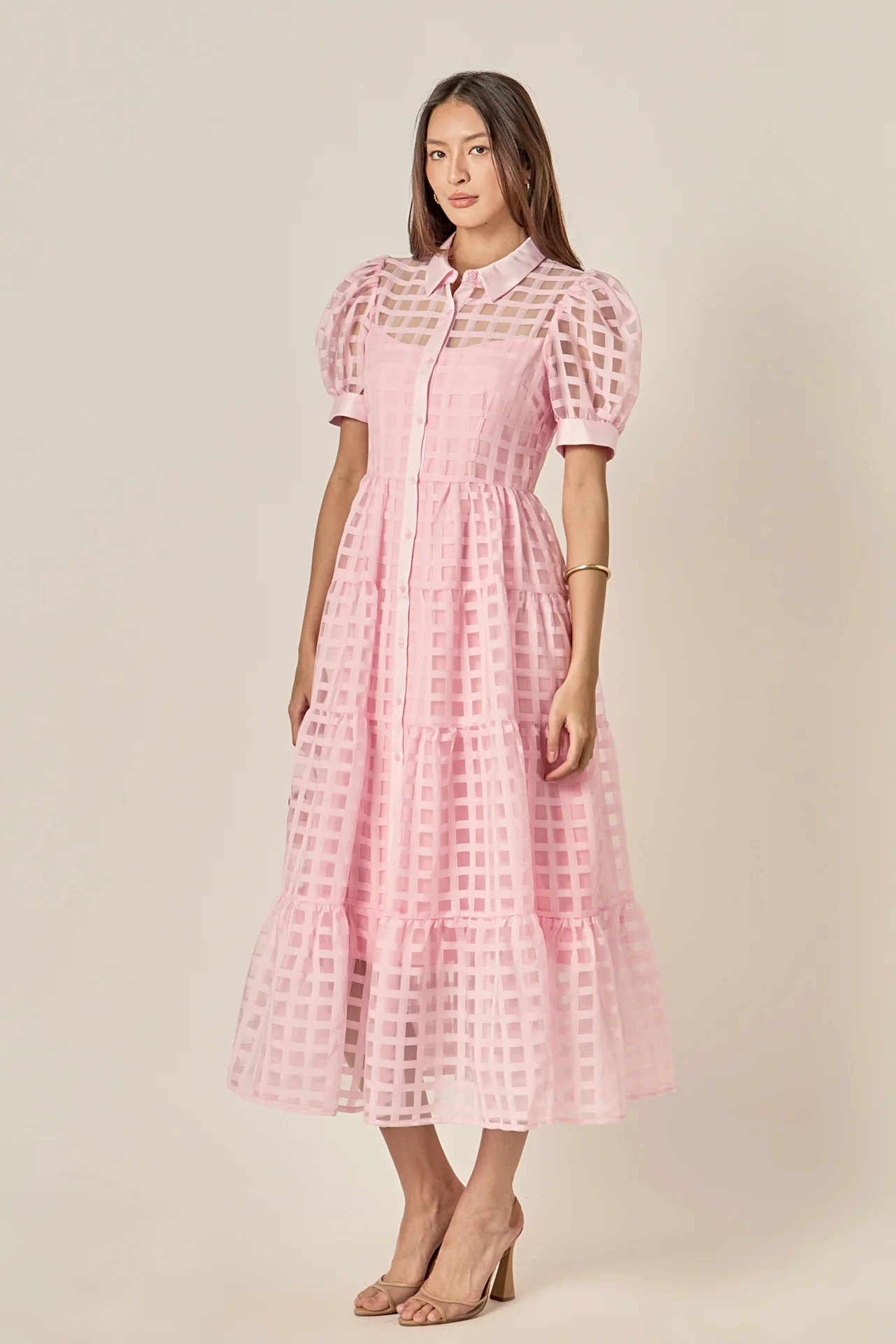 Gridded Organza Tiered Maxi Dress - Image 34