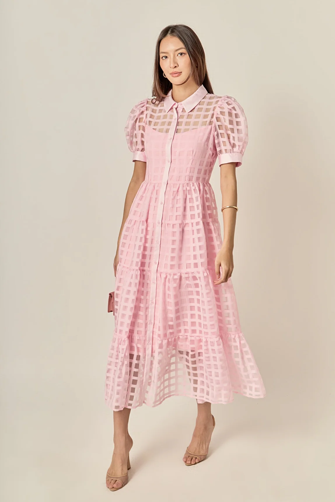Gridded Organza Tiered Maxi Dress - Image 36