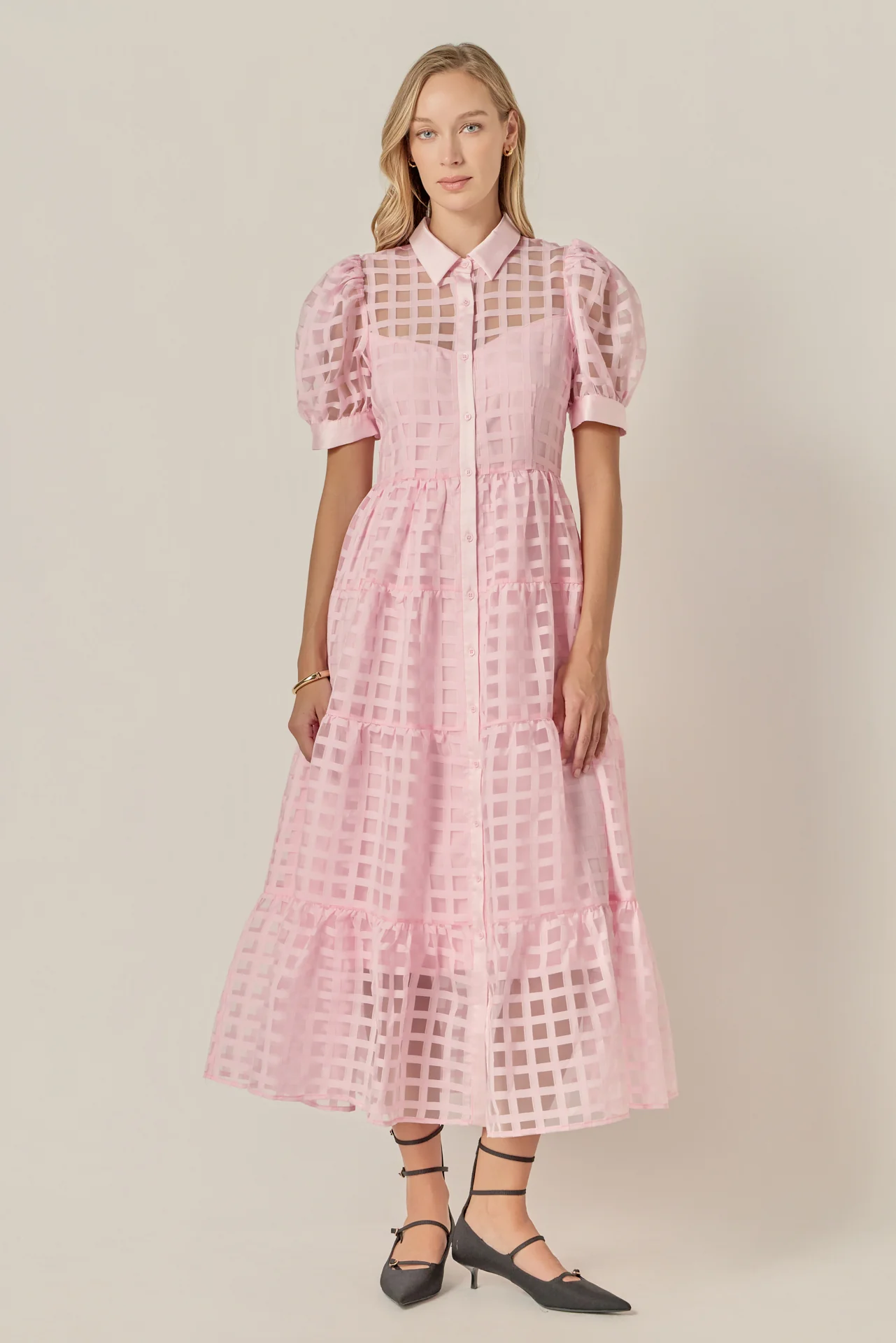 Gridded Organza Tiered Maxi Dress - Image 37