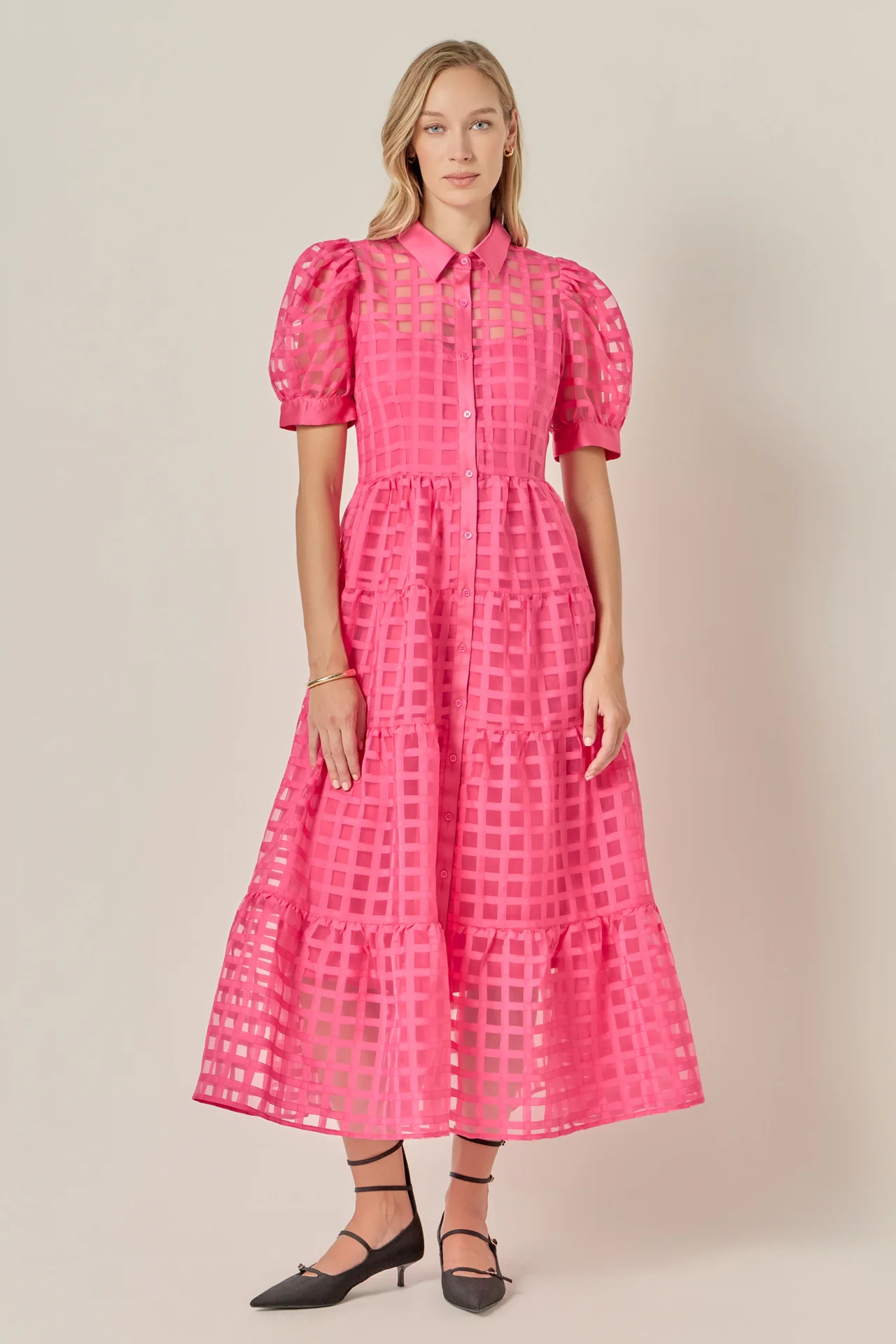 Gridded Organza Tiered Maxi Dress - Image 38