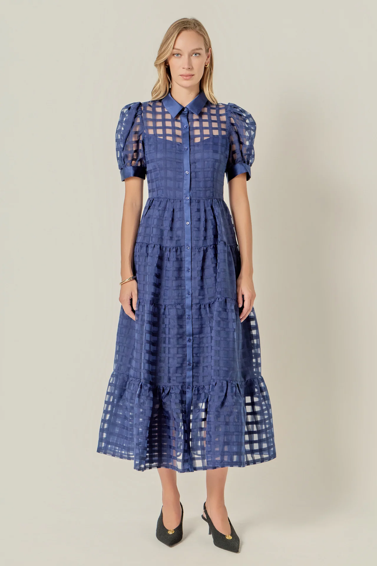 Gridded Organza Tiered Maxi Dress - Image 43