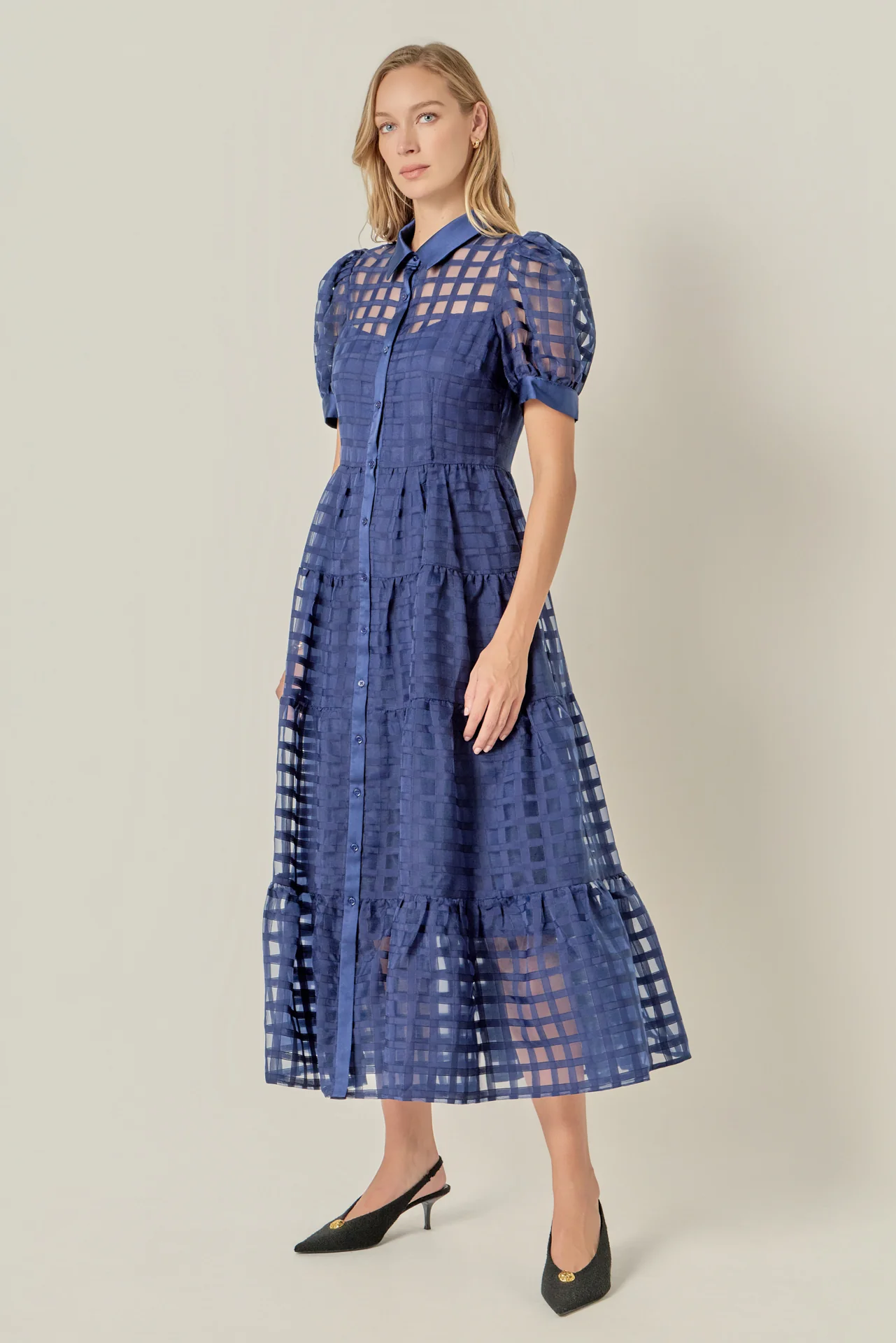 Gridded Organza Tiered Maxi Dress - Image 45