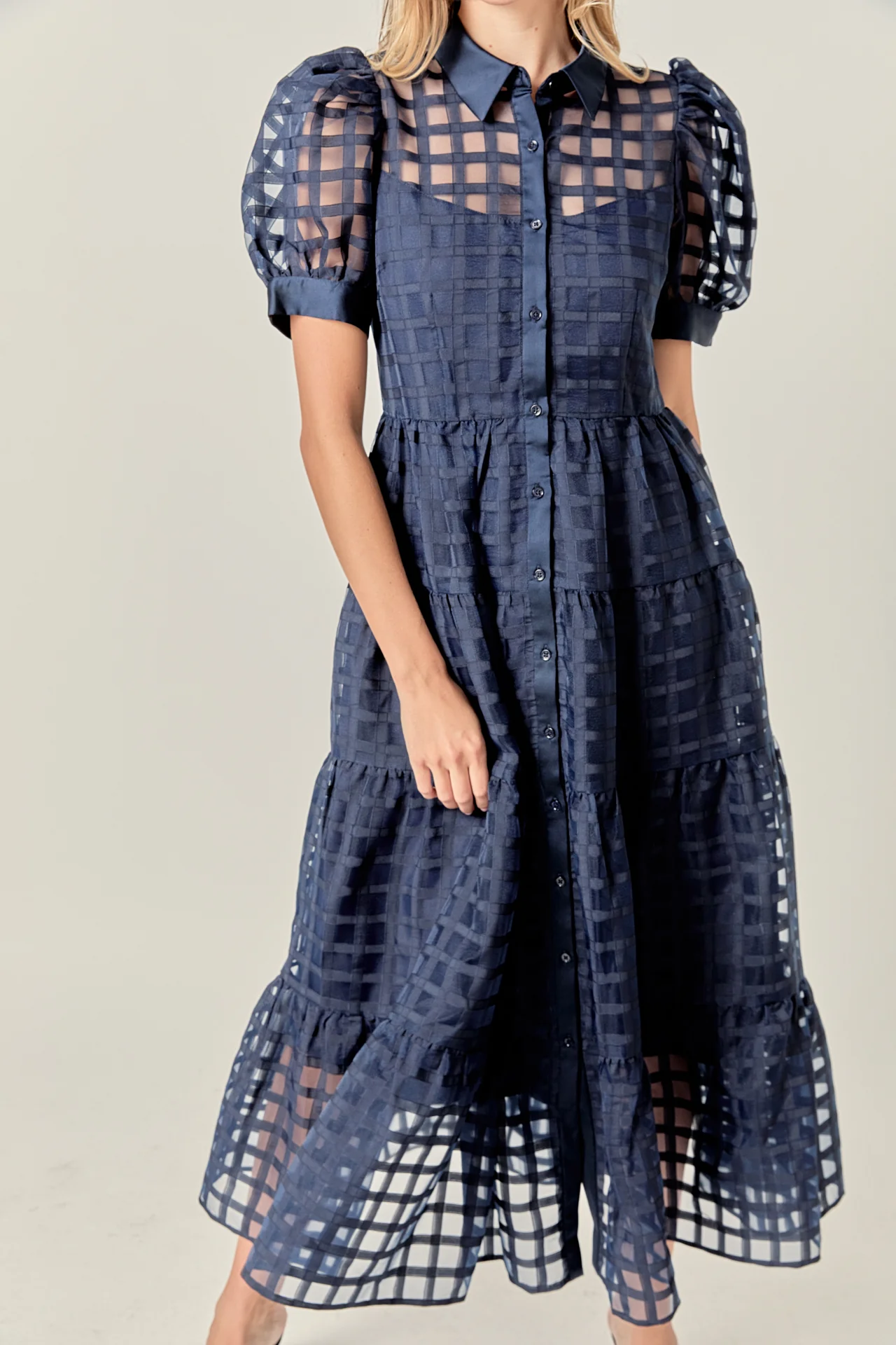 Gridded Organza Tiered Maxi Dress - Image 49