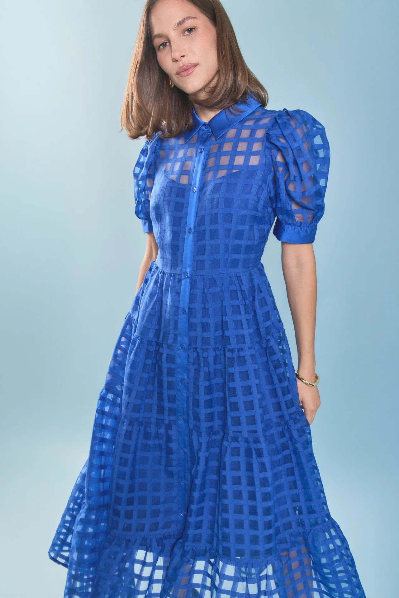 Gridded Organza Tiered Maxi Dress - Image 5