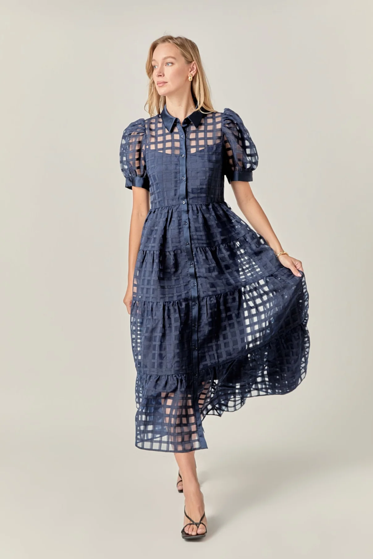 Gridded Organza Tiered Maxi Dress - Image 52