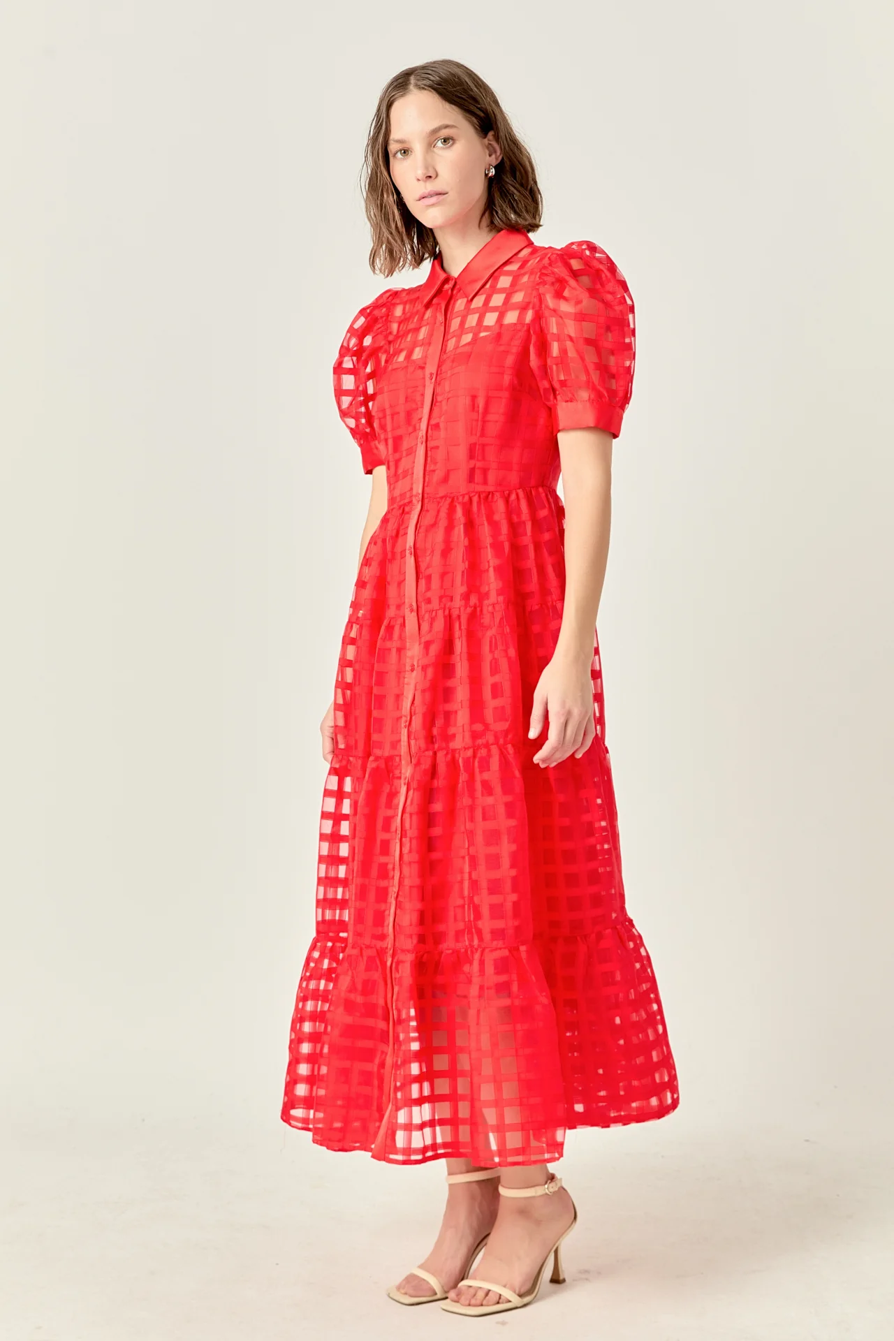 Gridded Organza Tiered Maxi Dress - Image 55