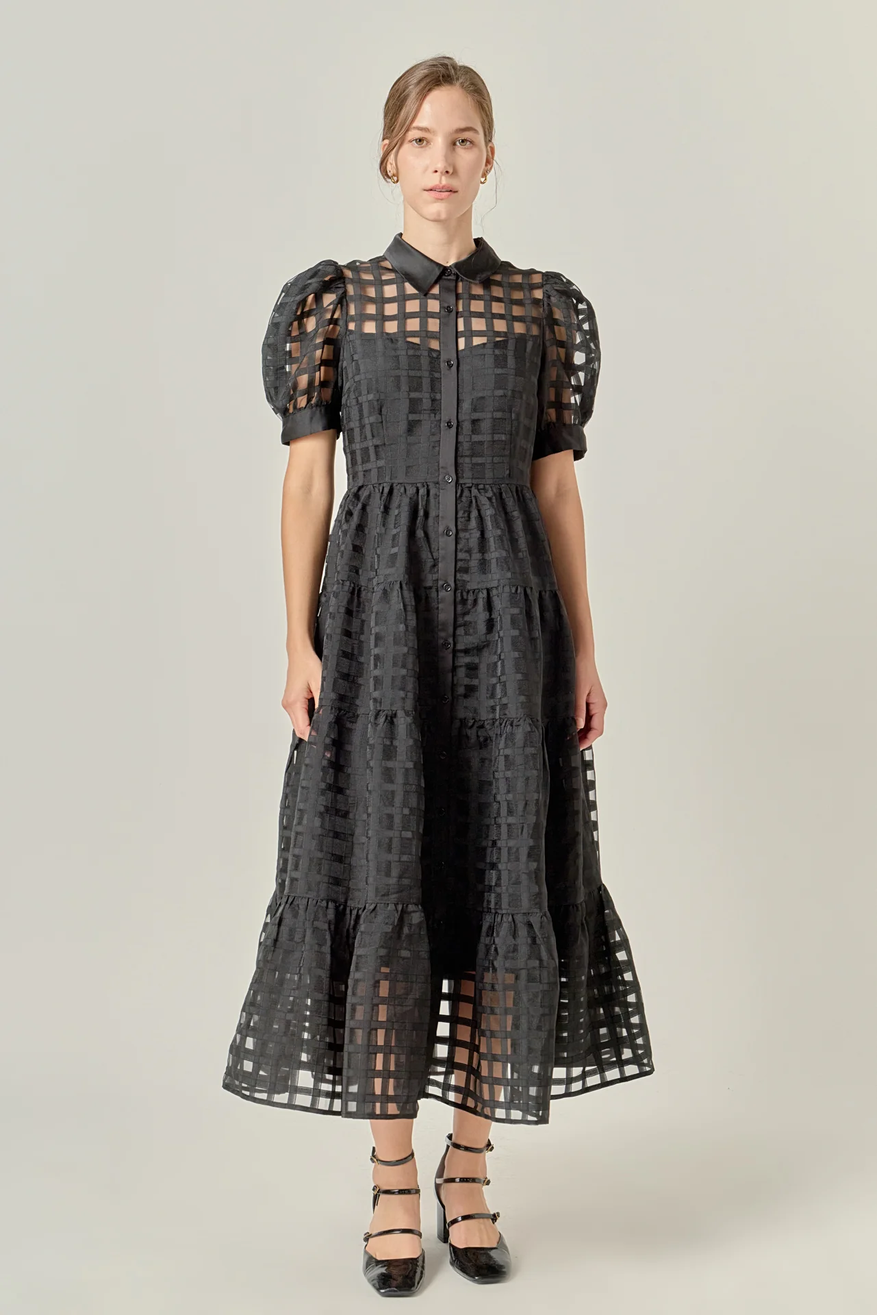 Gridded Organza Tiered Maxi Dress - Image 63